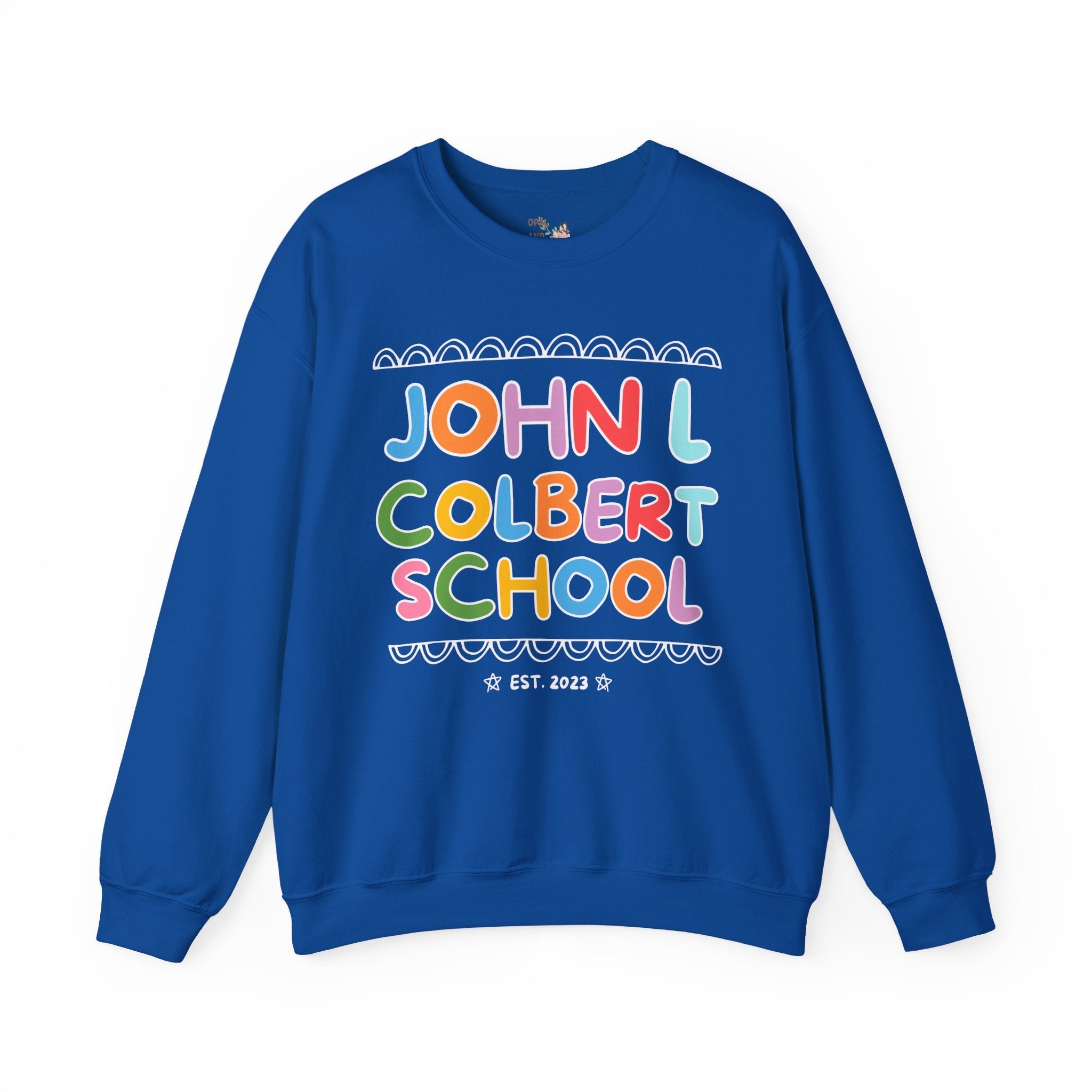 John L Colbert School Sweatshirt: Rainbow Letters | FPS + Opal and June Sweatshirt, Fayetteville Public Schools - Opal and June