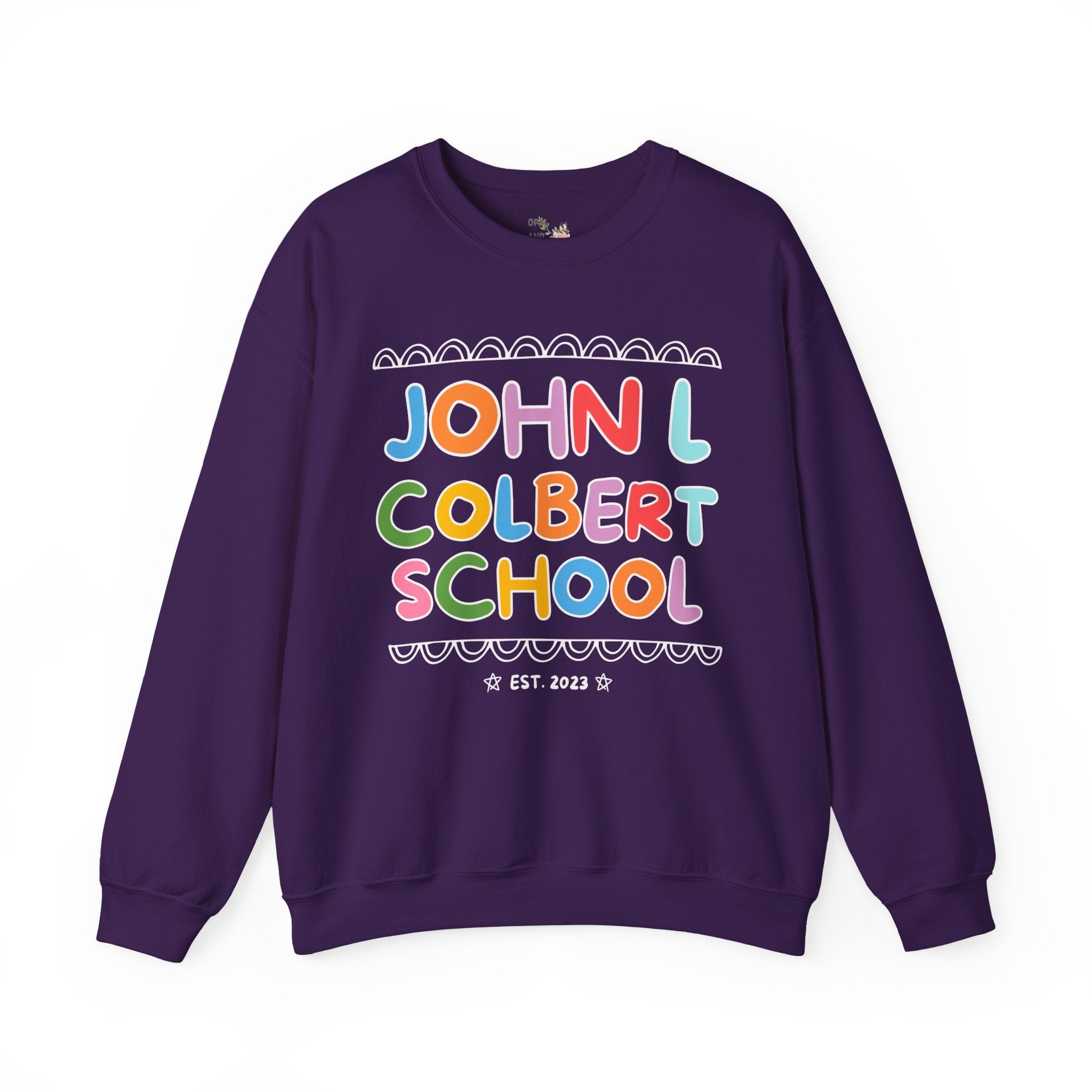 John L Colbert School Sweatshirt: Rainbow Letters | FPS + Opal and June Sweatshirt, Fayetteville Public Schools - Opal and June