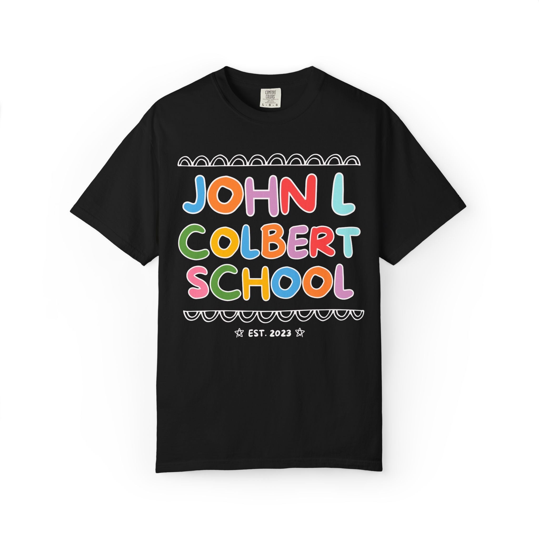 John L Colbert School Tee Shirt: Rainbow Letters | FPS + Opal and June Tee Shirt, Fayetteville Public Schools - Opal and June