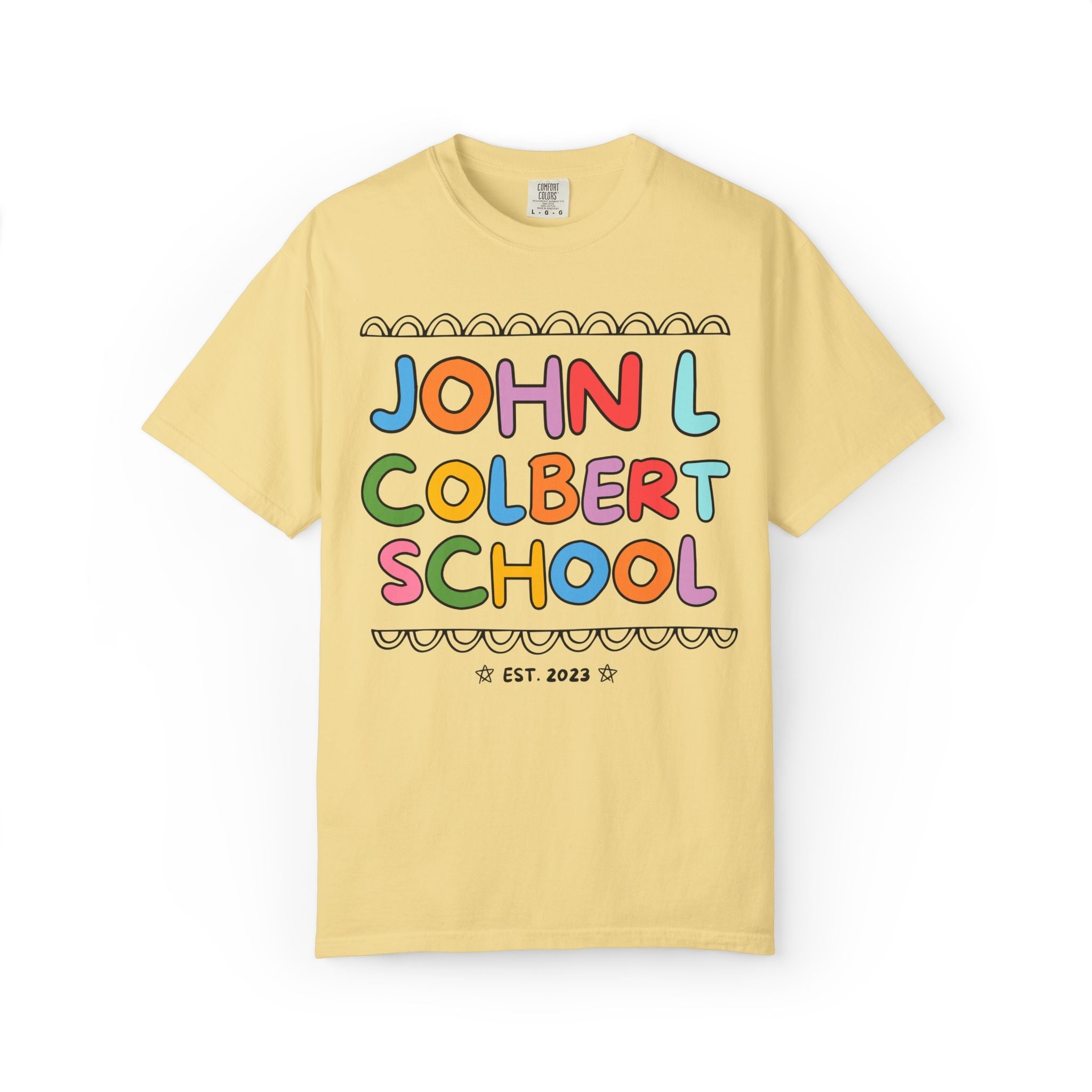 John L Colbert School Tee Shirt: Rainbow Letters | FPS + Opal and June Tee Shirt, Fayetteville Public Schools - Opal and June