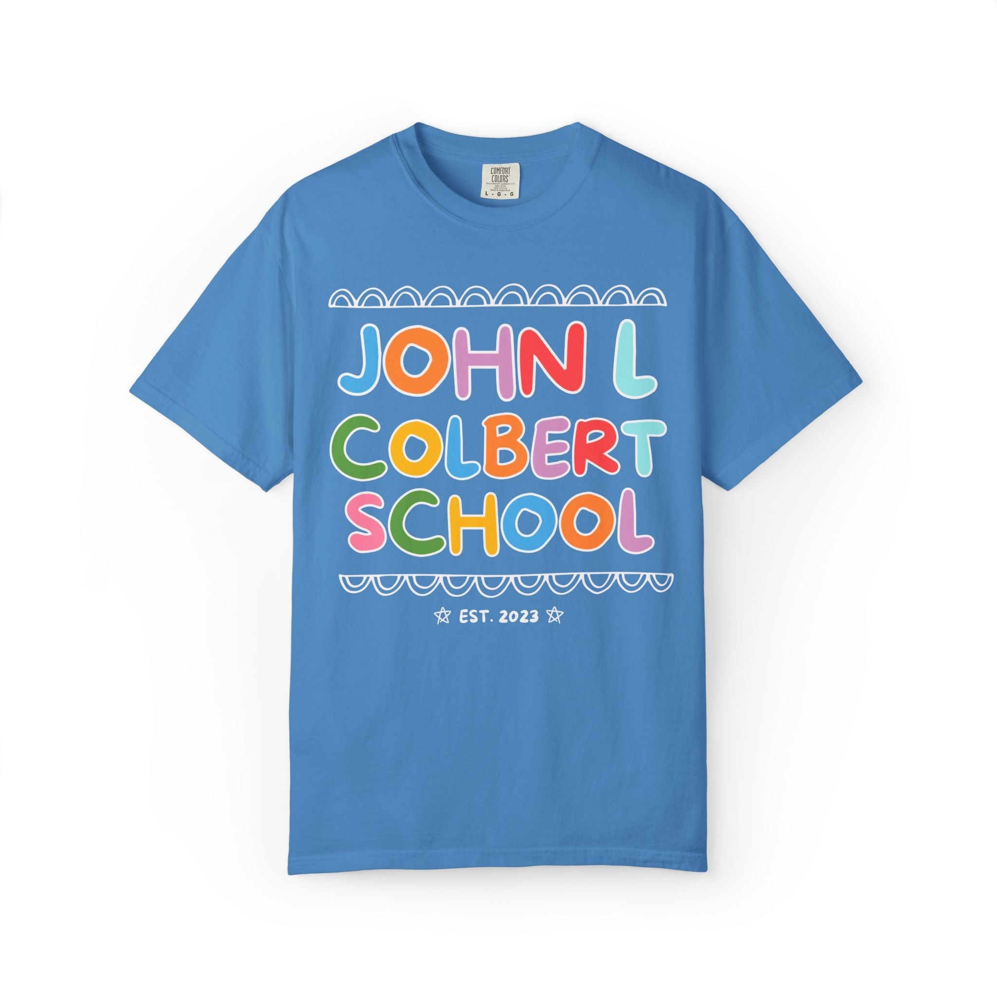 John L Colbert School Tee Shirt: Rainbow Letters | FPS + Opal and June Tee Shirt, Fayetteville Public Schools - Opal and June