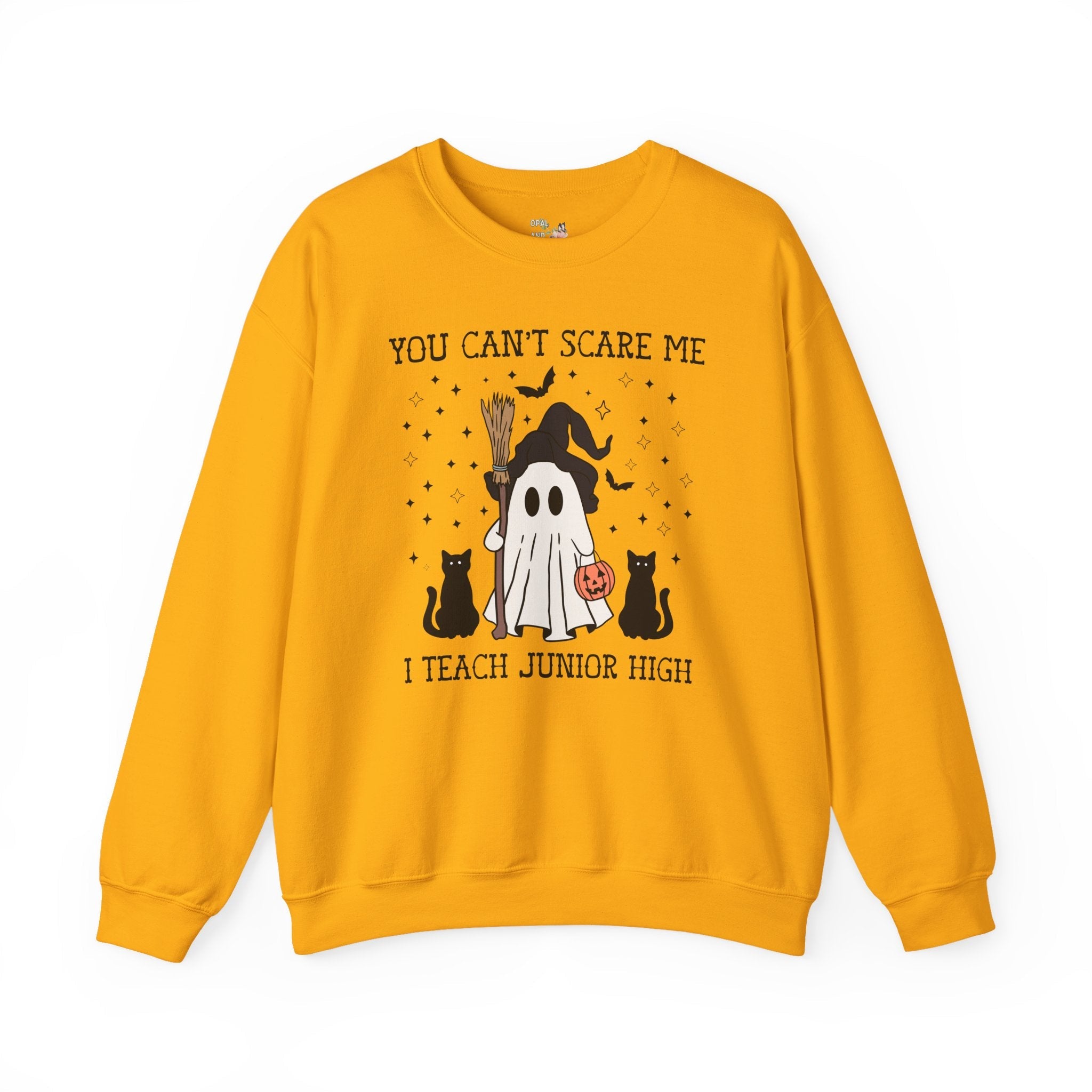 Junior High Teacher Halloween Sweatshirt with Cute Retro Ghost: You Can't Scare Me, Funny Saying Spooky Season Shirt for 7th Grade Teacher - Opal and June
