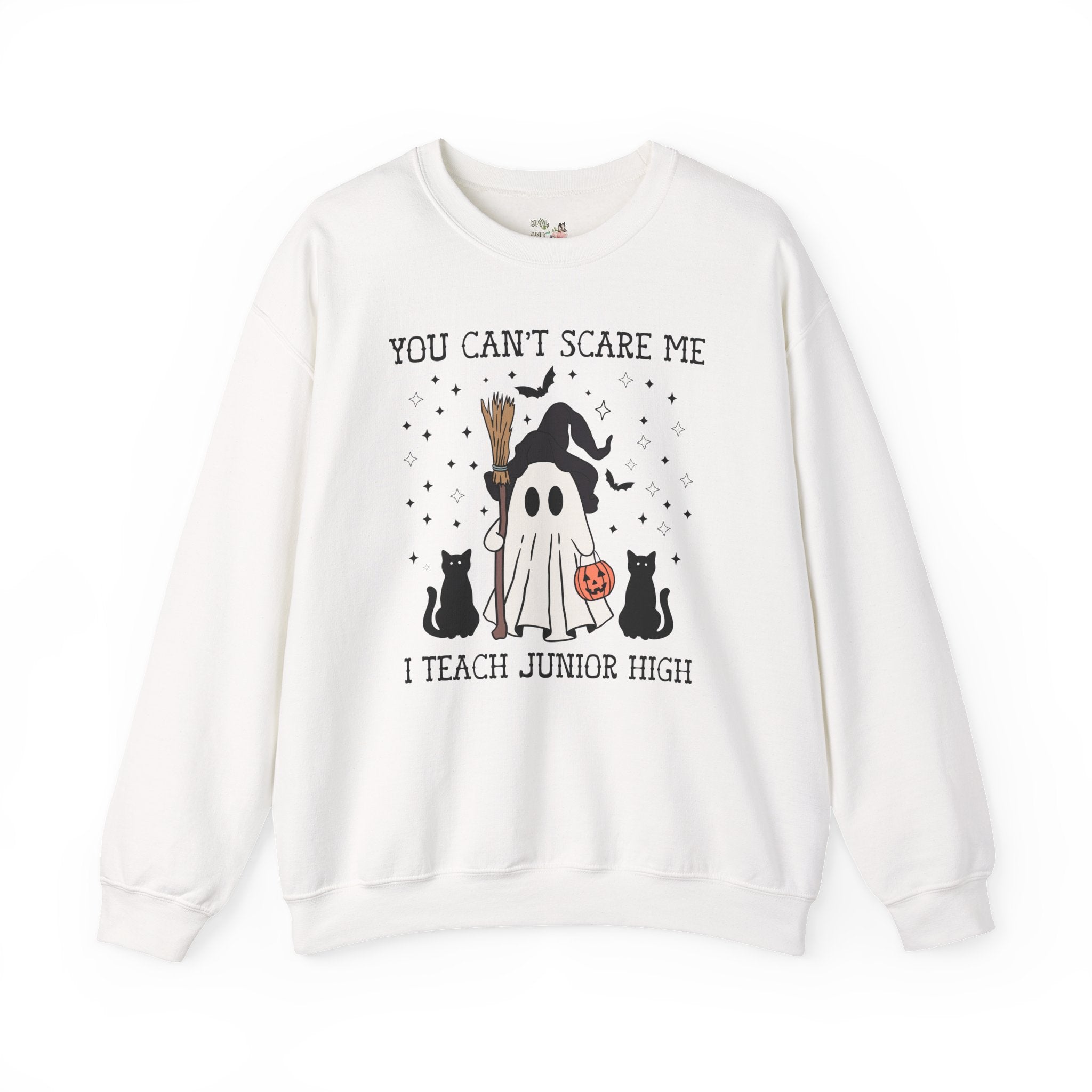 Junior High Teacher Halloween Sweatshirt with Cute Retro Ghost: You Can't Scare Me, Funny Saying Spooky Season Shirt for 7th Grade Teacher - Opal and June