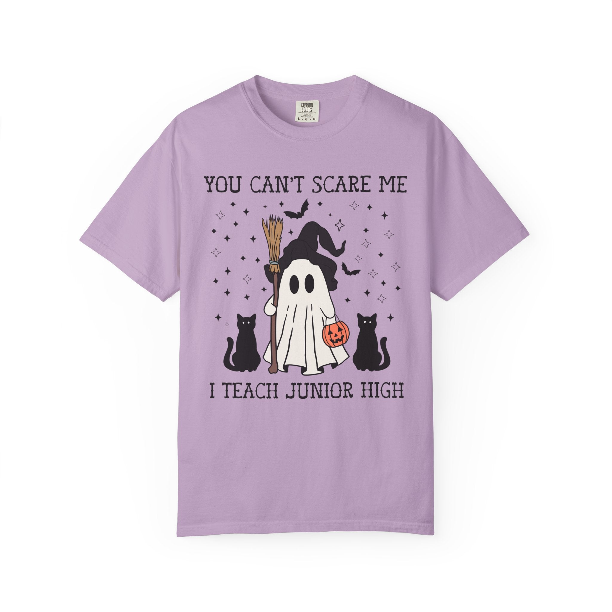 Junior High Teacher Halloween Tee Shirt with Cute Retro Ghost: You Can't Scare Me, Funny Saying Spooky Season T-Shirt for 7th Grade Teacher - Opal and June