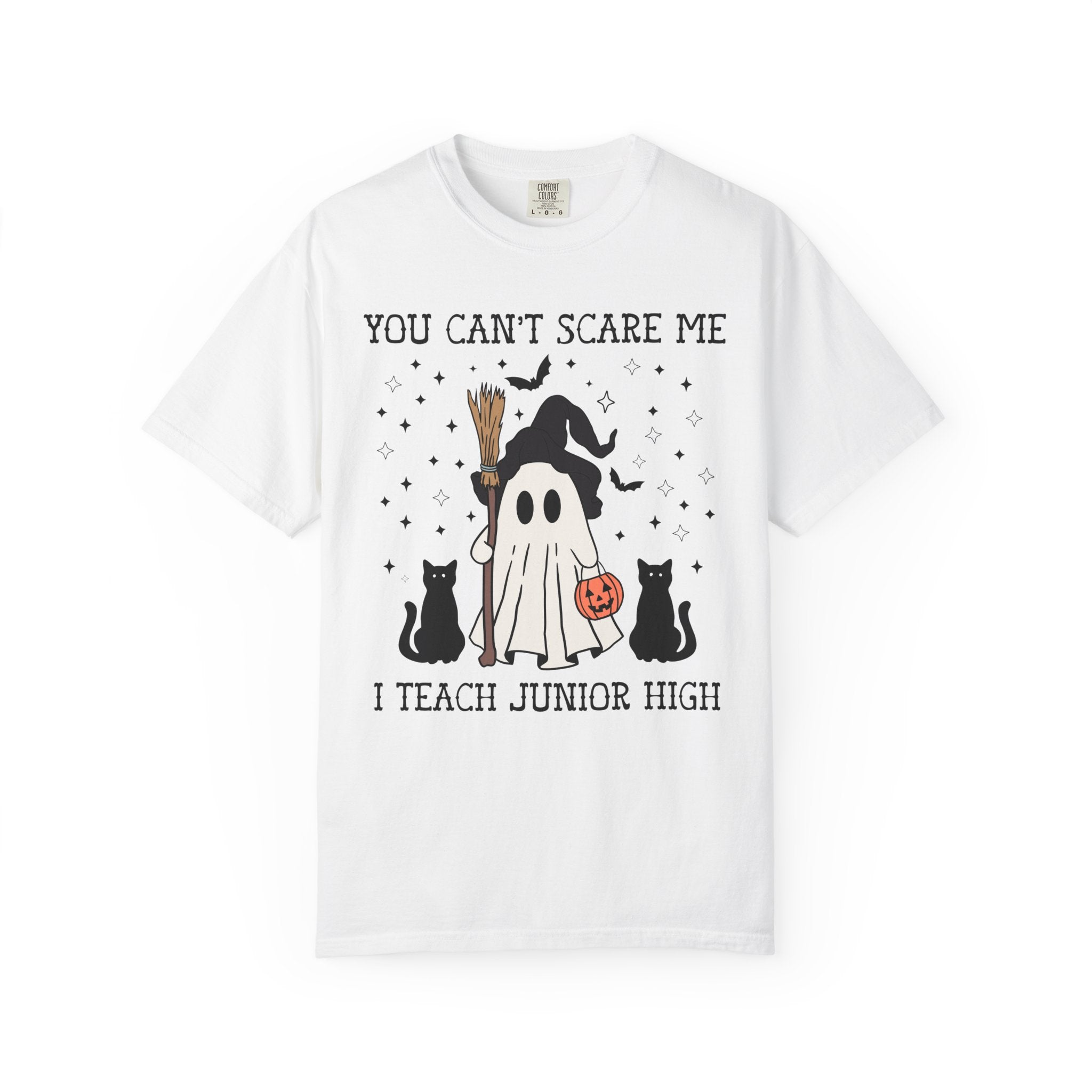 Junior High Teacher Halloween Tee Shirt with Cute Retro Ghost: You Can't Scare Me, Funny Saying Spooky Season T-Shirt for 7th Grade Teacher - Opal and June