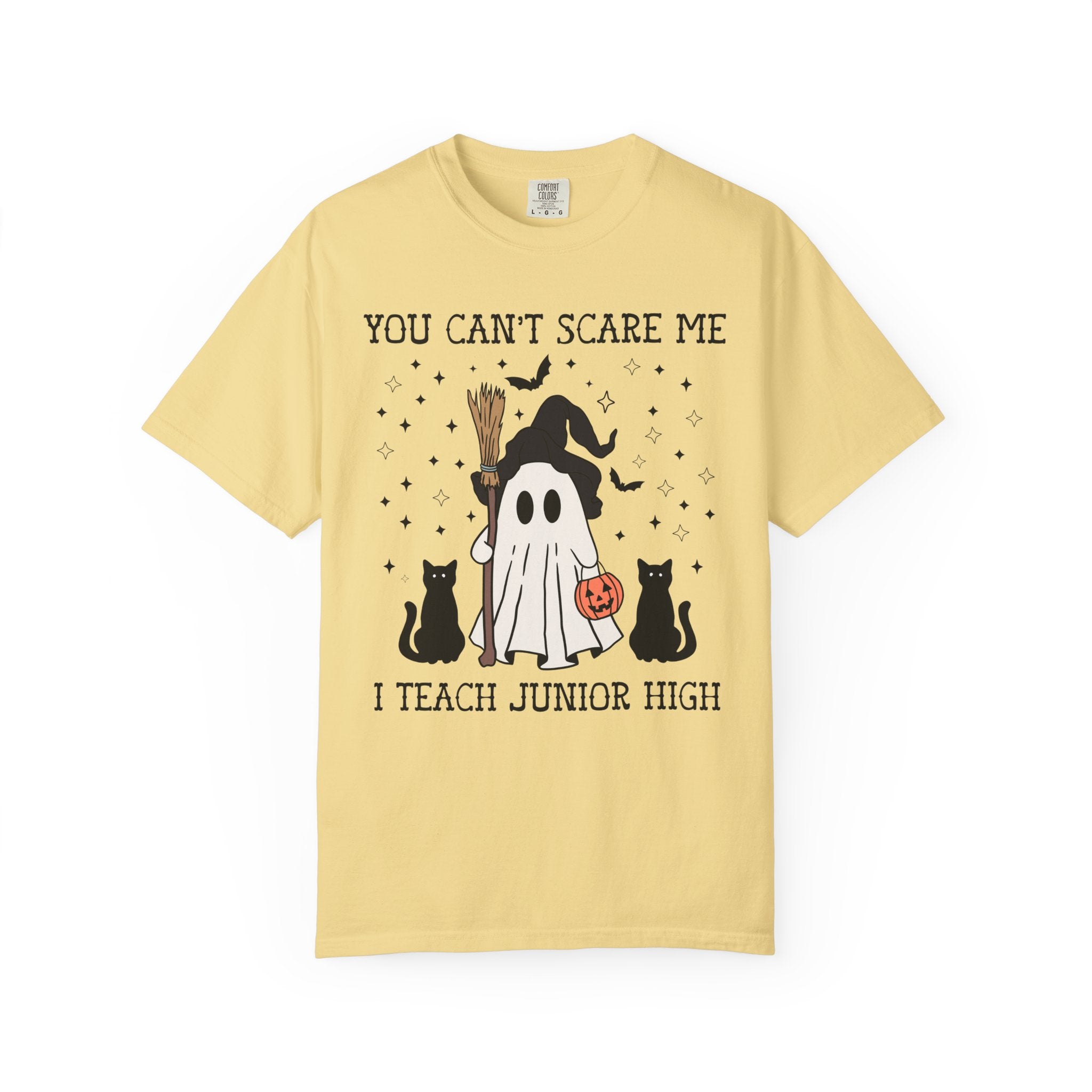Junior High Teacher Halloween Tee Shirt with Cute Retro Ghost: You Can't Scare Me, Funny Saying Spooky Season T-Shirt for 7th Grade Teacher - Opal and June