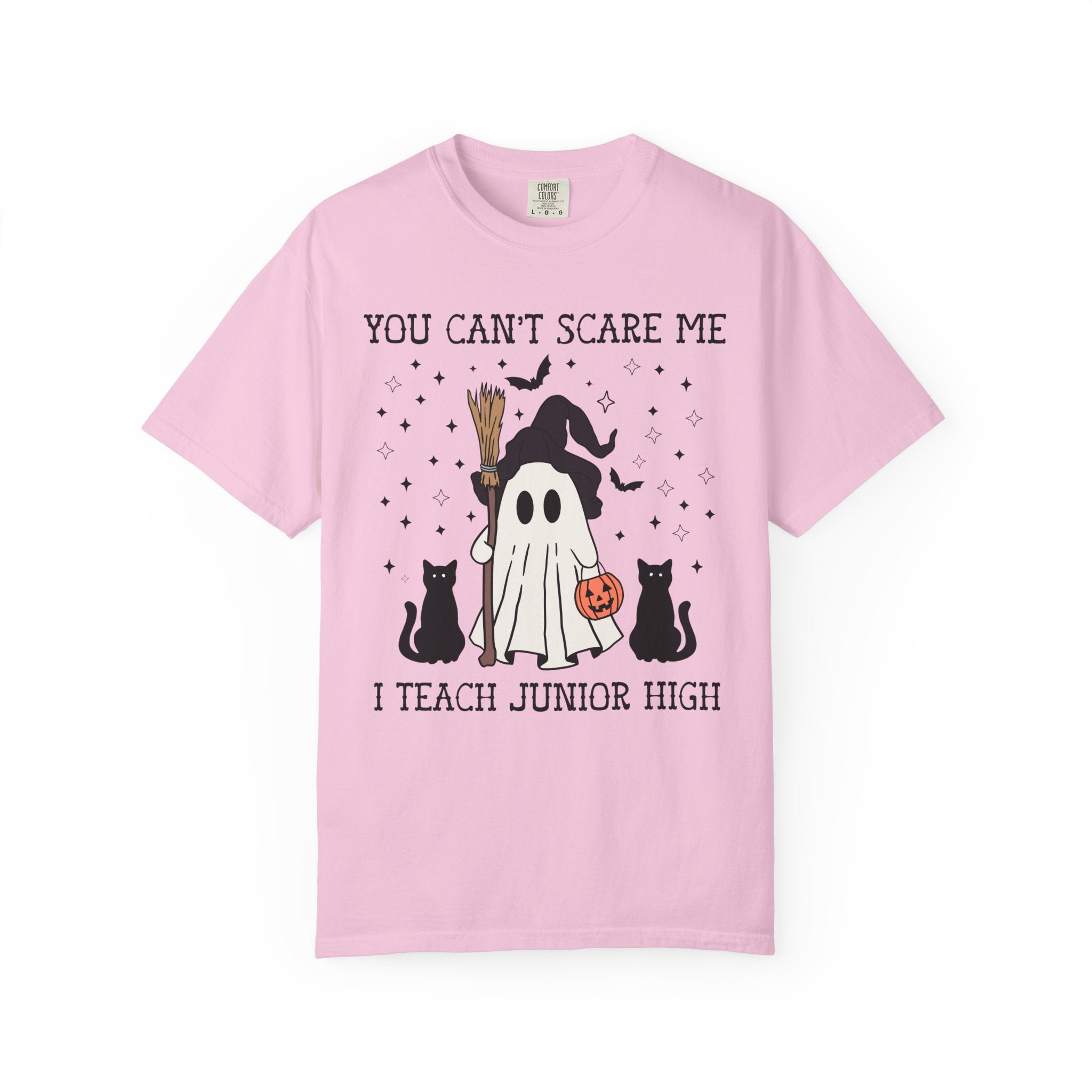 Junior High Teacher Halloween Tee Shirt with Cute Retro Ghost: You Can't Scare Me, Funny Saying Spooky Season T-Shirt for 7th Grade Teacher - Opal and June