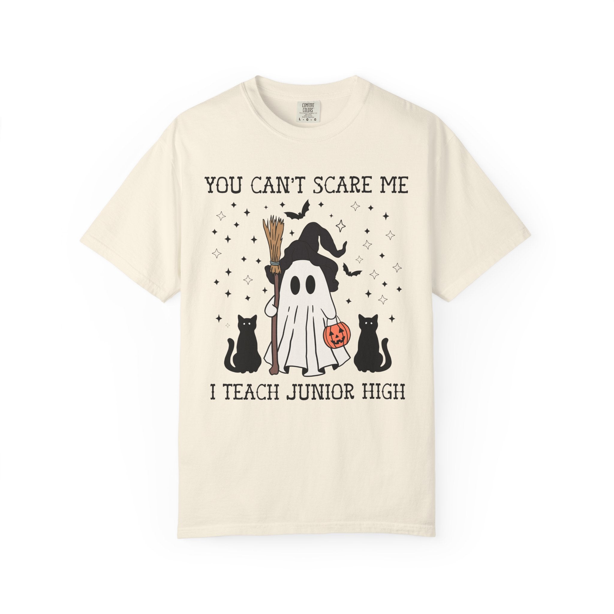 Junior High Teacher Halloween Tee Shirt with Cute Retro Ghost: You Can't Scare Me, Funny Saying Spooky Season T-Shirt for 7th Grade Teacher - Opal and June