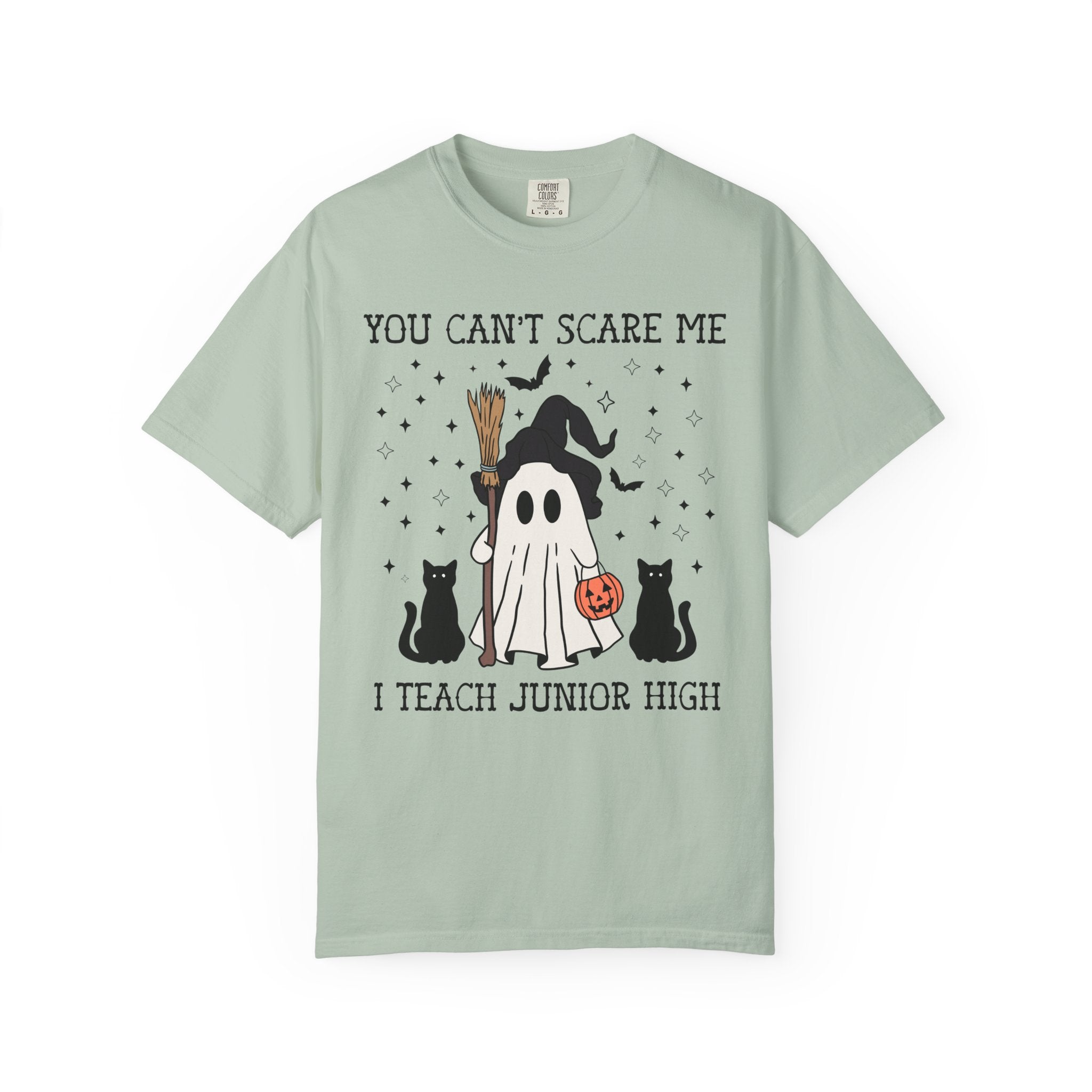 Junior High Teacher Halloween Tee Shirt with Cute Retro Ghost: You Can't Scare Me, Funny Saying Spooky Season T-Shirt for 7th Grade Teacher - Opal and June