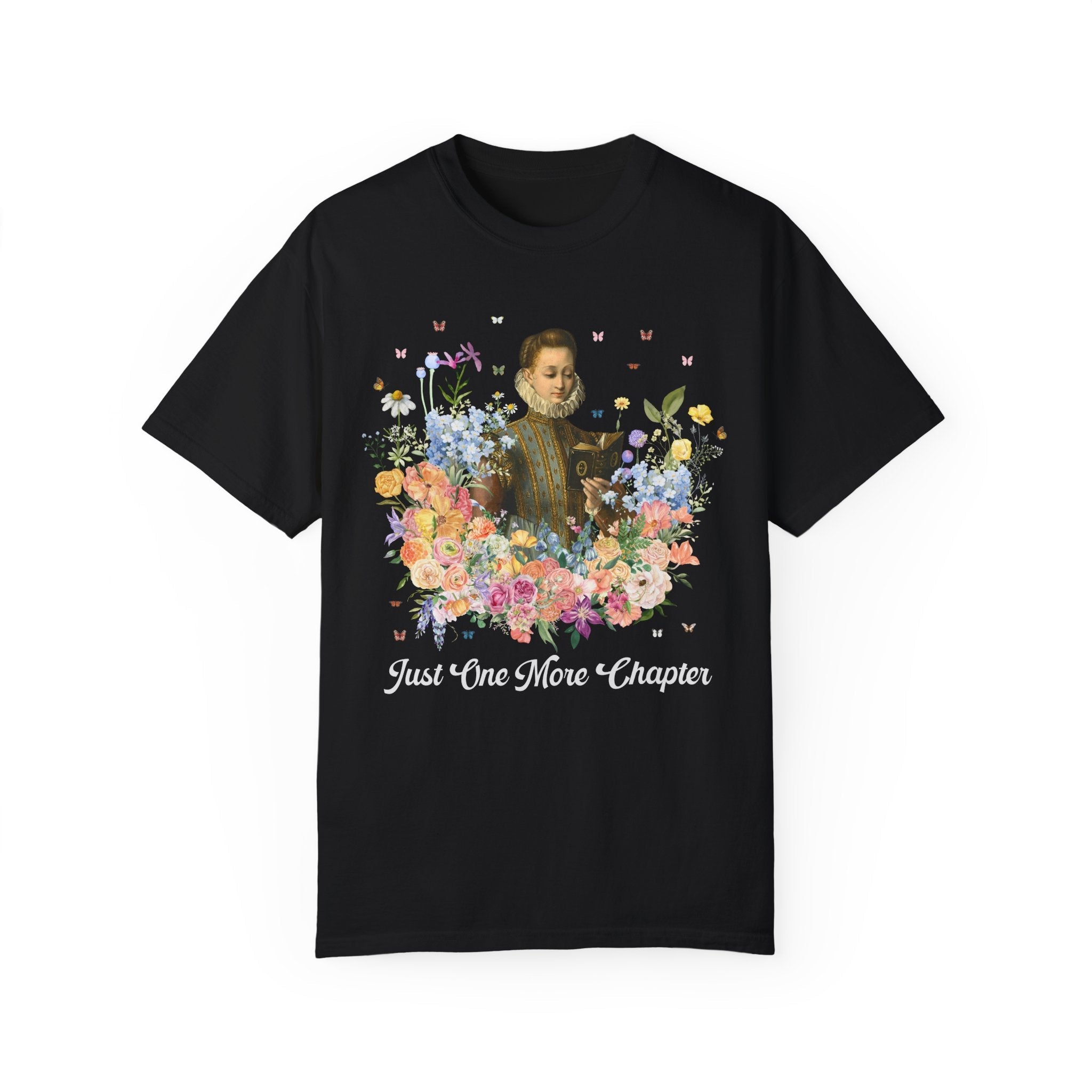 Just On More Chapter: Medieval Book Lover Tee Shirt with Butterflies, Floral Goblincore Reading T-Shirt for Librarian, Romance Reader Gift - Opal and June
