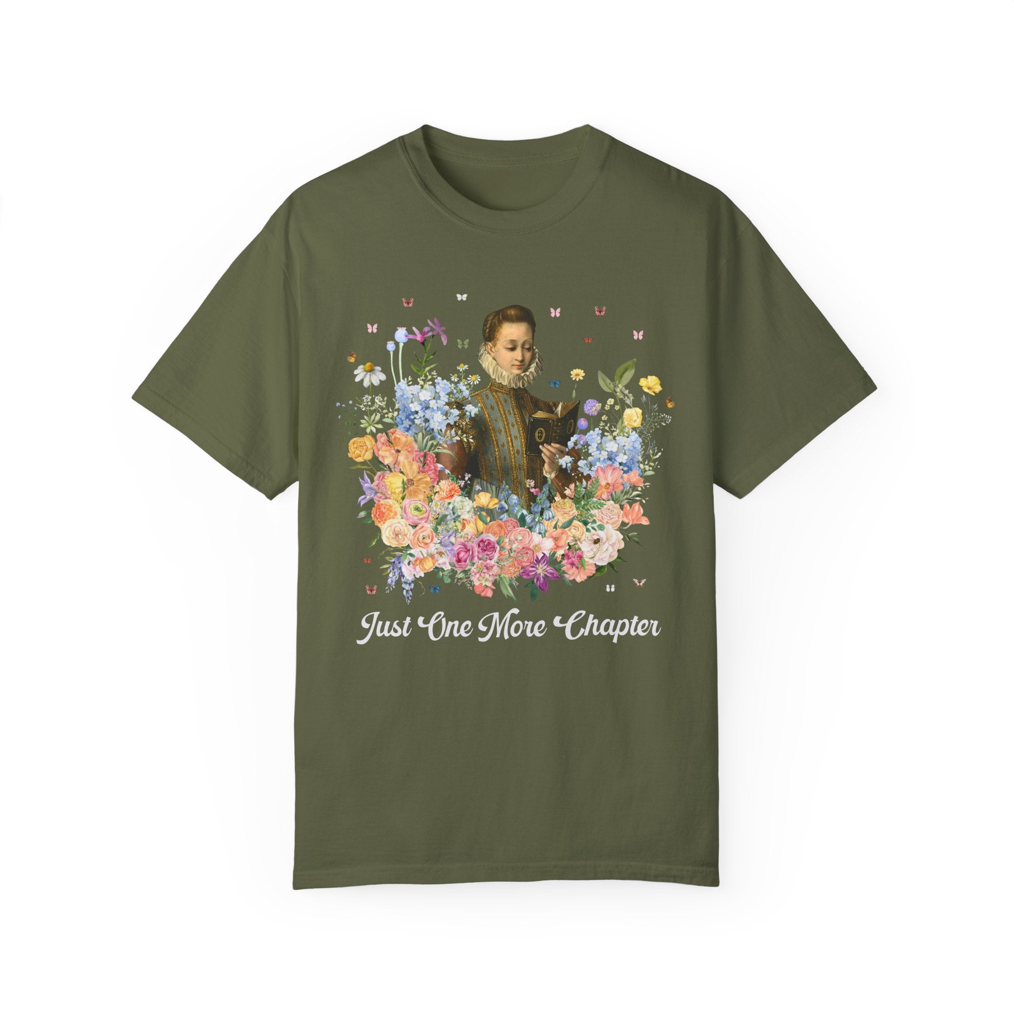 Just On More Chapter: Medieval Book Lover Tee Shirt with Butterflies, Floral Goblincore Reading T-Shirt for Librarian, Romance Reader Gift - Opal and June
