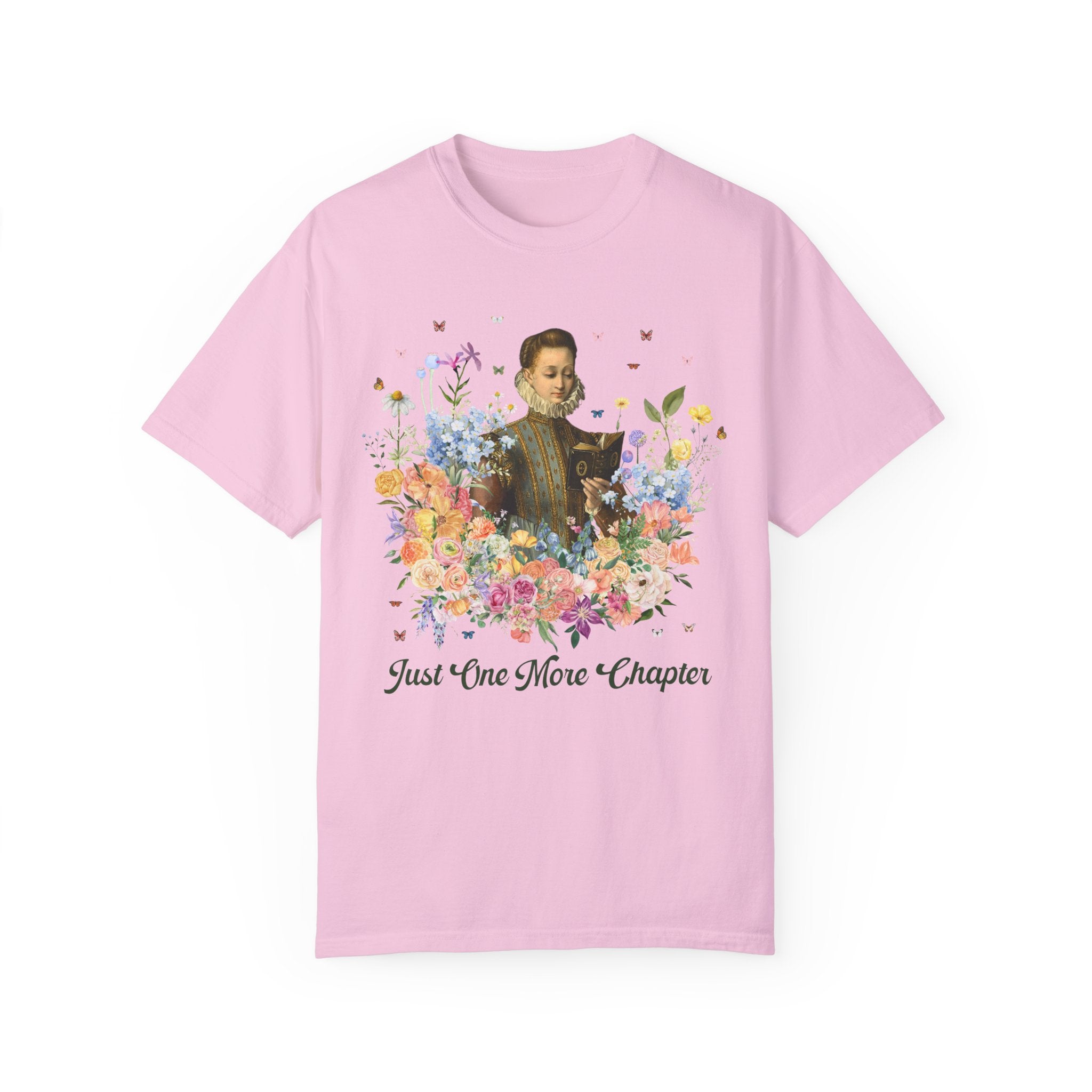 Just On More Chapter: Medieval Book Lover Tee Shirt with Butterflies, Floral Goblincore Reading T-Shirt for Librarian, Romance Reader Gift - Opal and June