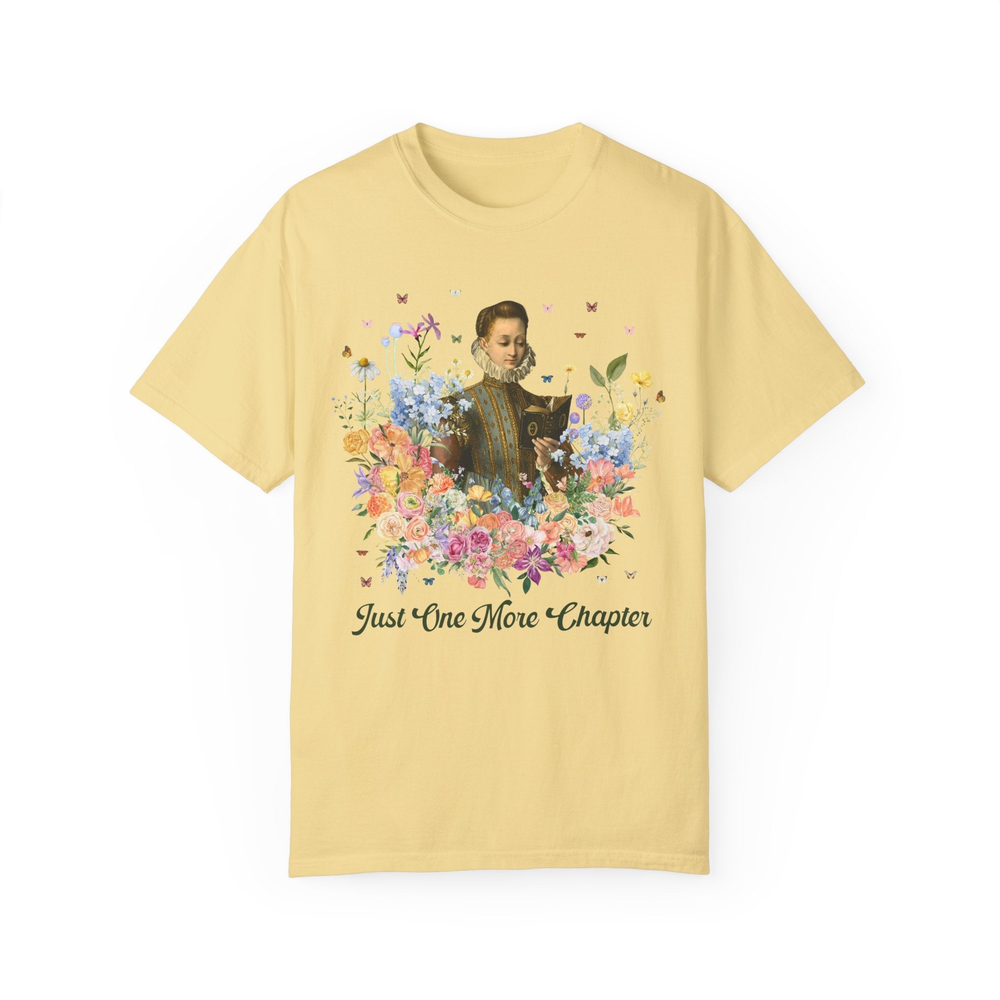 Just On More Chapter: Medieval Book Lover Tee Shirt with Butterflies, Floral Goblincore Reading T-Shirt for Librarian, Romance Reader Gift - Opal and June
