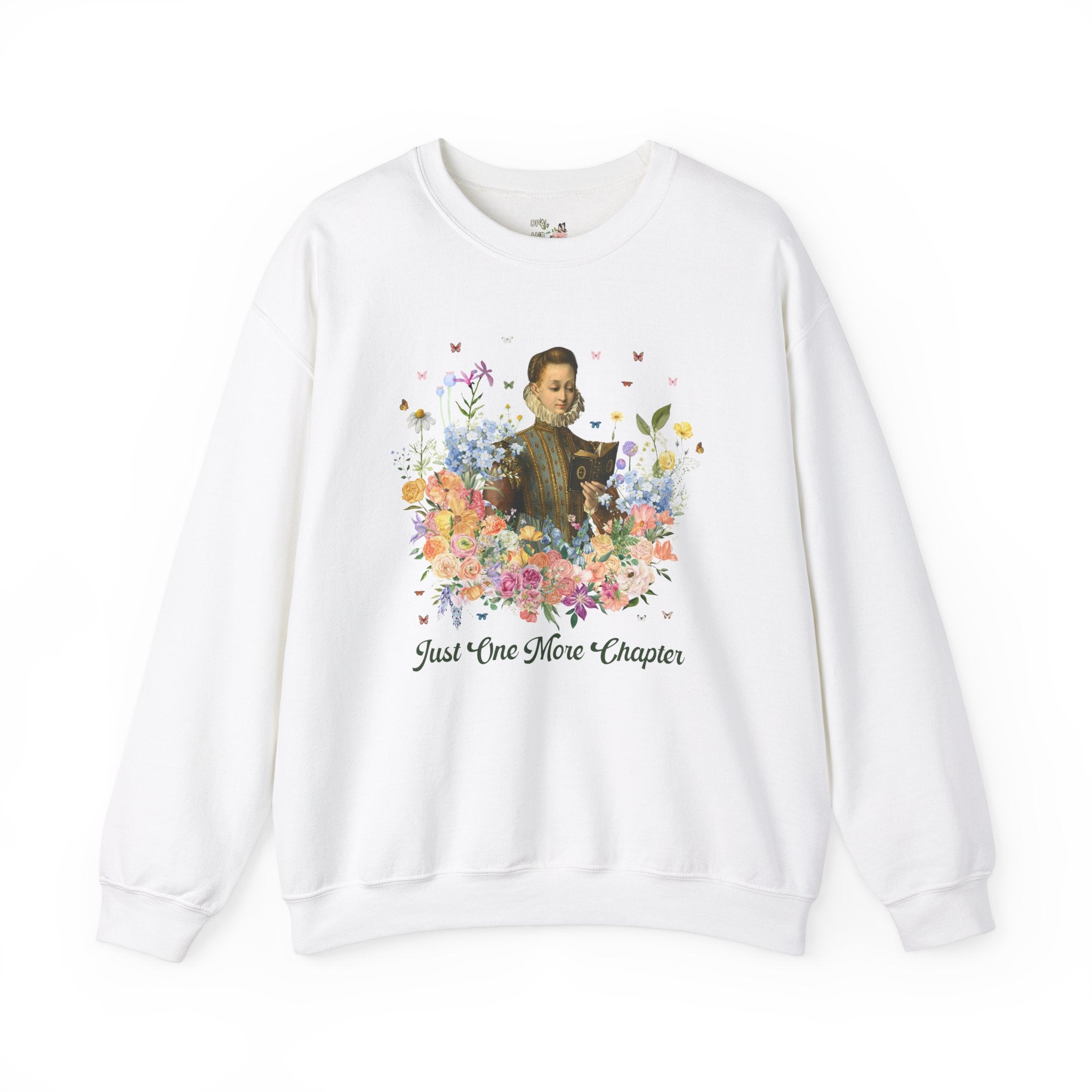 Just One More Chapter: Medieval Book Lover Sweatshirt with Butterflies, Floral Goblincore Reading Shirt for Librarian, Romance Reader Gift - Opal and June