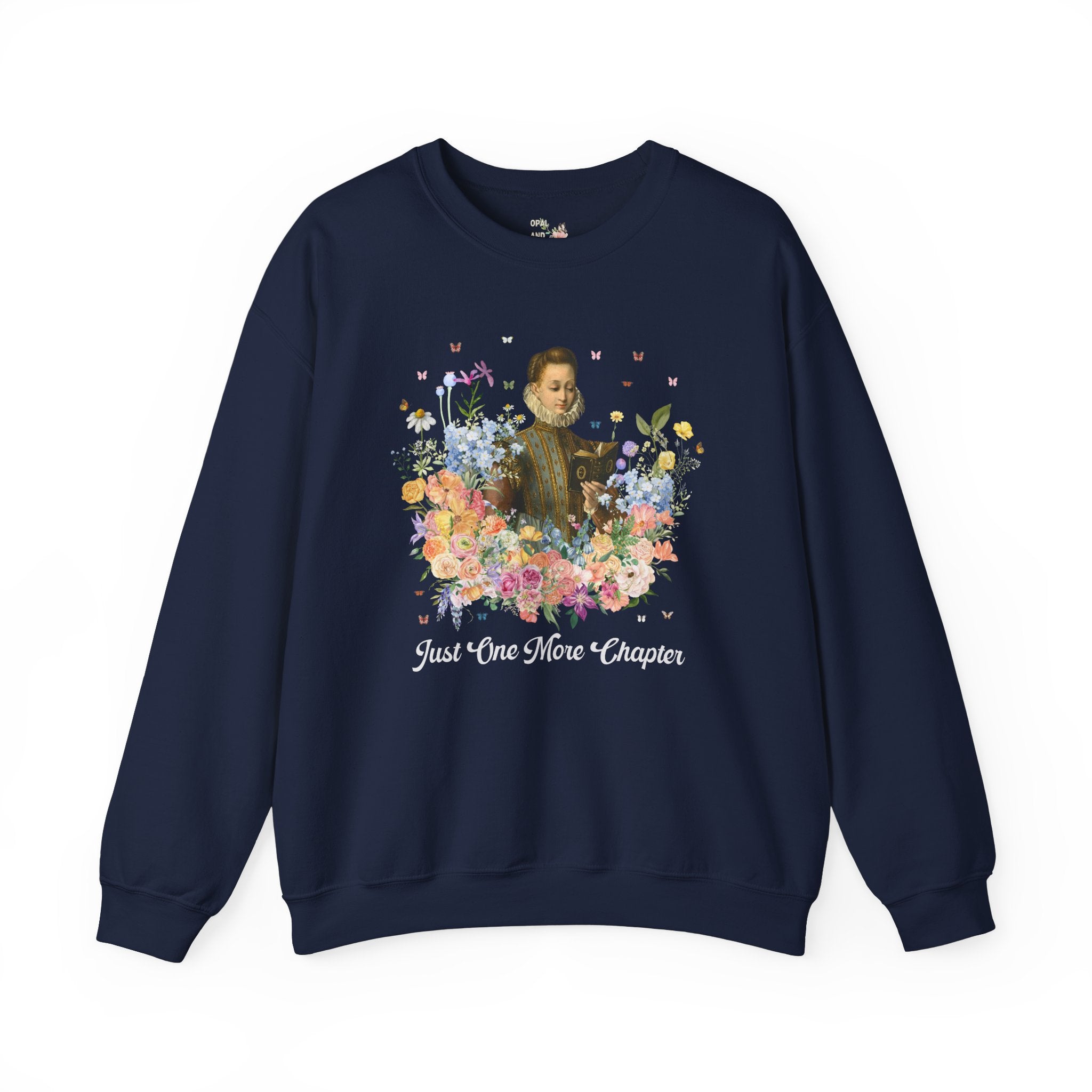 Just One More Chapter: Medieval Book Lover Sweatshirt with Butterflies, Floral Goblincore Reading Shirt for Librarian, Romance Reader Gift - Opal and June