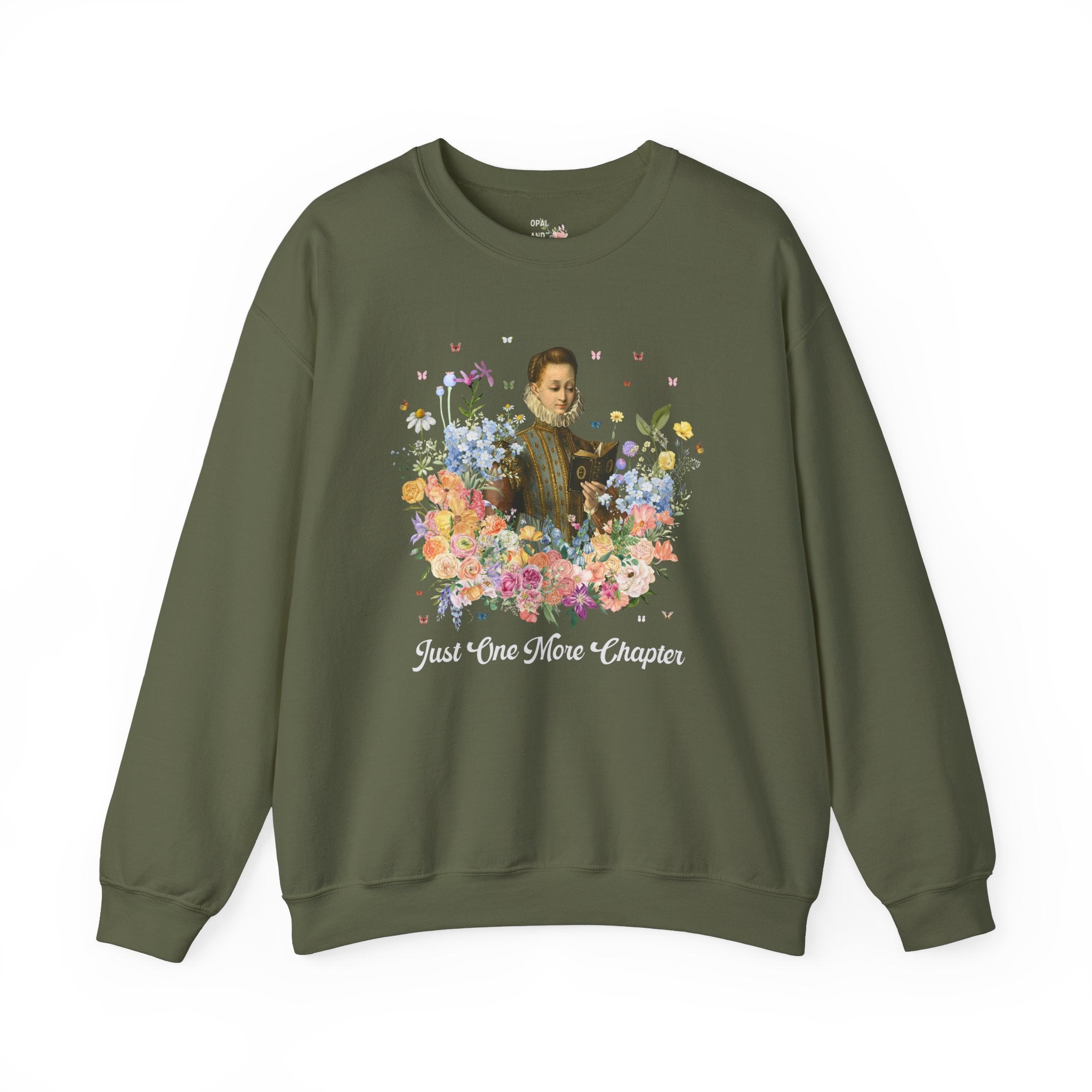Just One More Chapter: Medieval Book Lover Sweatshirt with Butterflies, Floral Goblincore Reading Shirt for Librarian, Romance Reader Gift - Opal and June