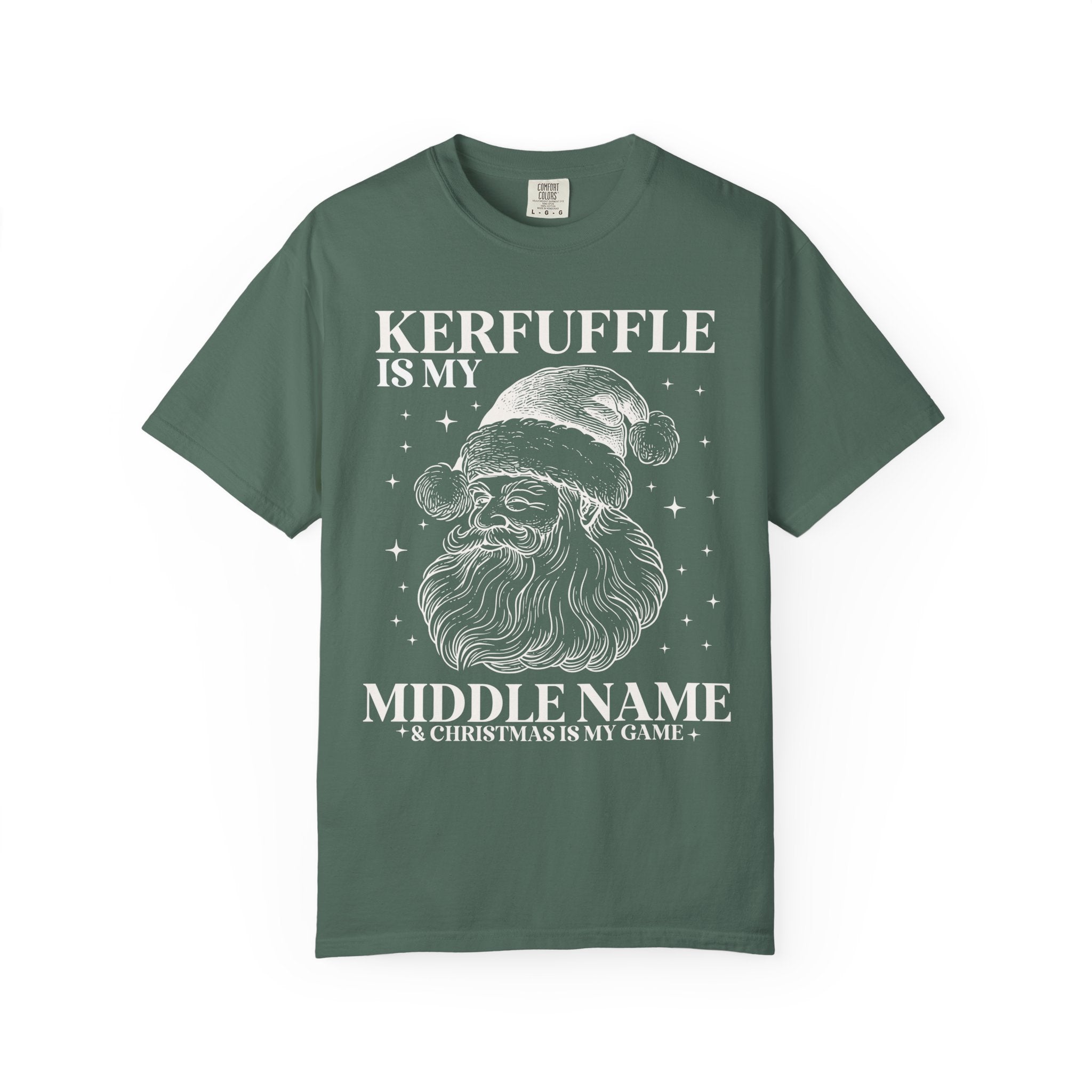Kerfuffle is My Middle Name Silly Christmas Lover Tee Shirt with Vintage Aesthetic Santa and Stars: Cute Funny Saying Xmas Tee with Stars - Opal and June