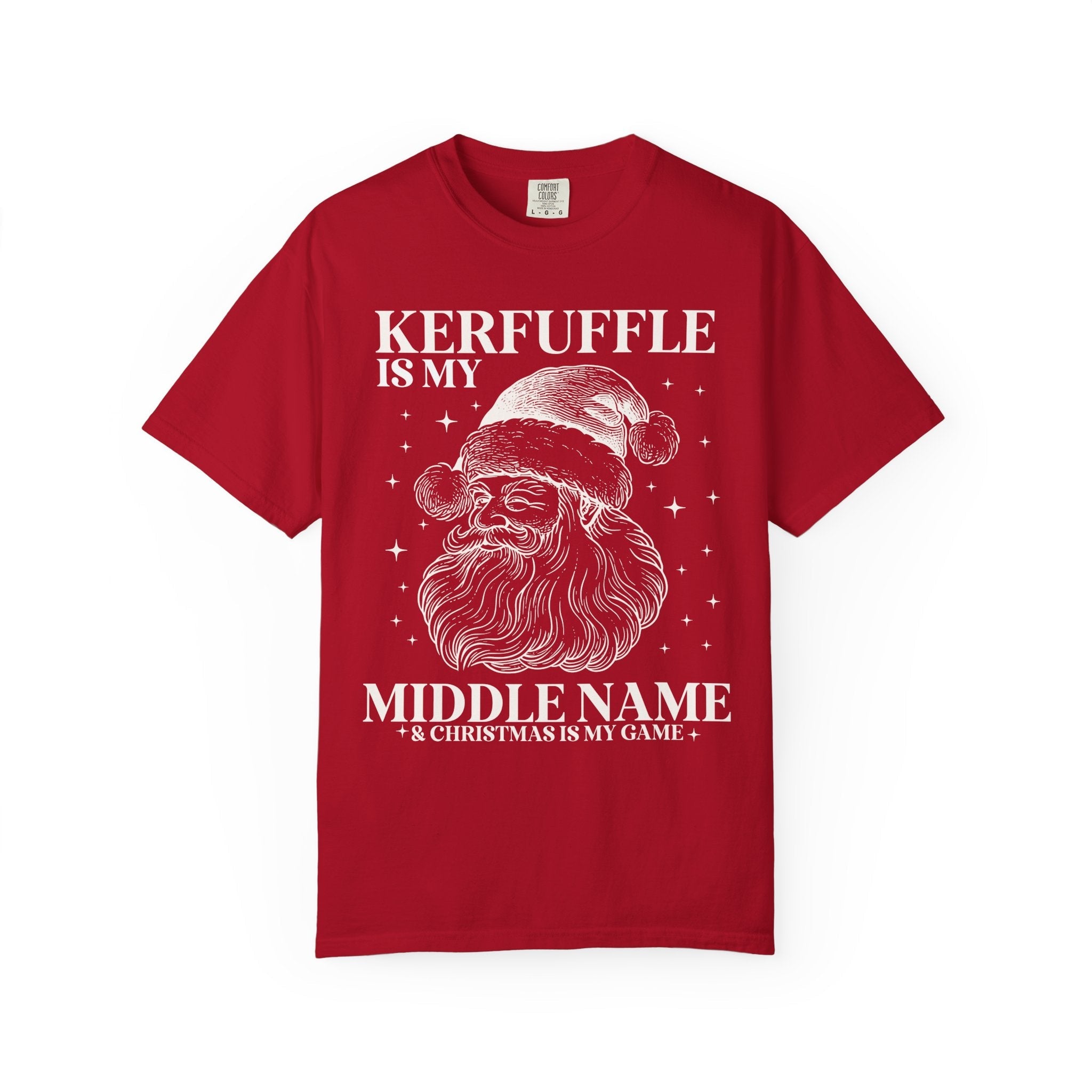 Kerfuffle is My Middle Name Silly Christmas Lover Tee Shirt with Vintage Aesthetic Santa and Stars: Cute Funny Saying Xmas Tee with Stars - Opal and June