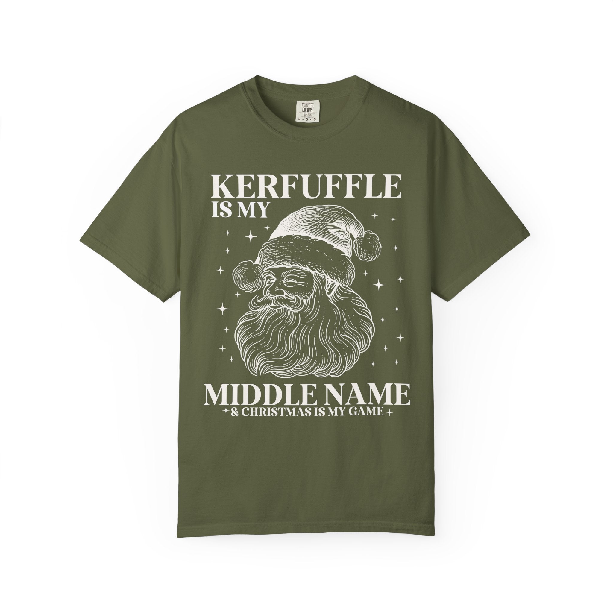 Kerfuffle is My Middle Name Silly Christmas Lover Tee Shirt with Vintage Aesthetic Santa and Stars: Cute Funny Saying Xmas Tee with Stars - Opal and June