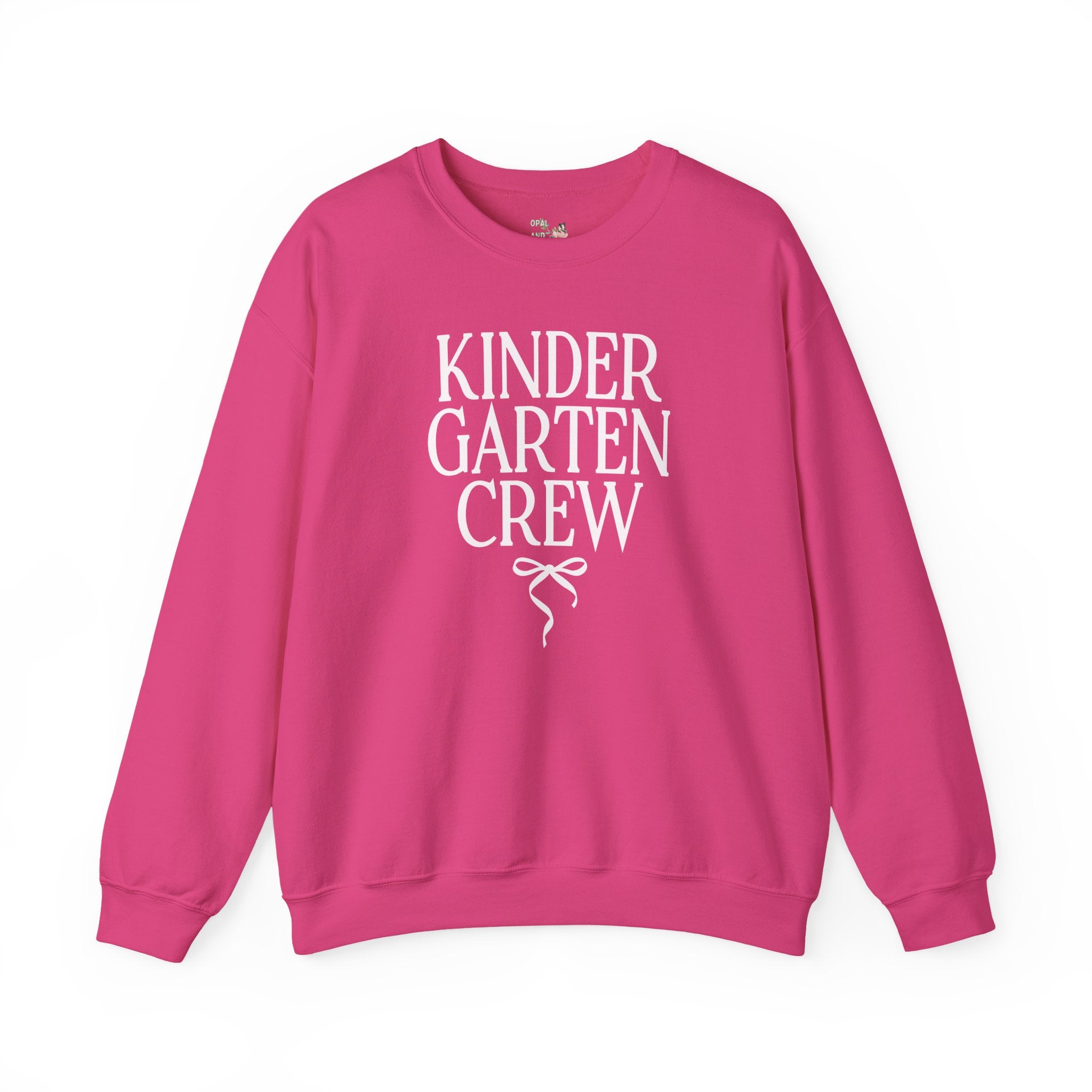 Kindergarten Crew Matching Teacher Sweatshirt with Messy Coquette Bow, Colorful Kindergarten Teacher Shirt, Back to School, Meet the Teacher - Opal and June