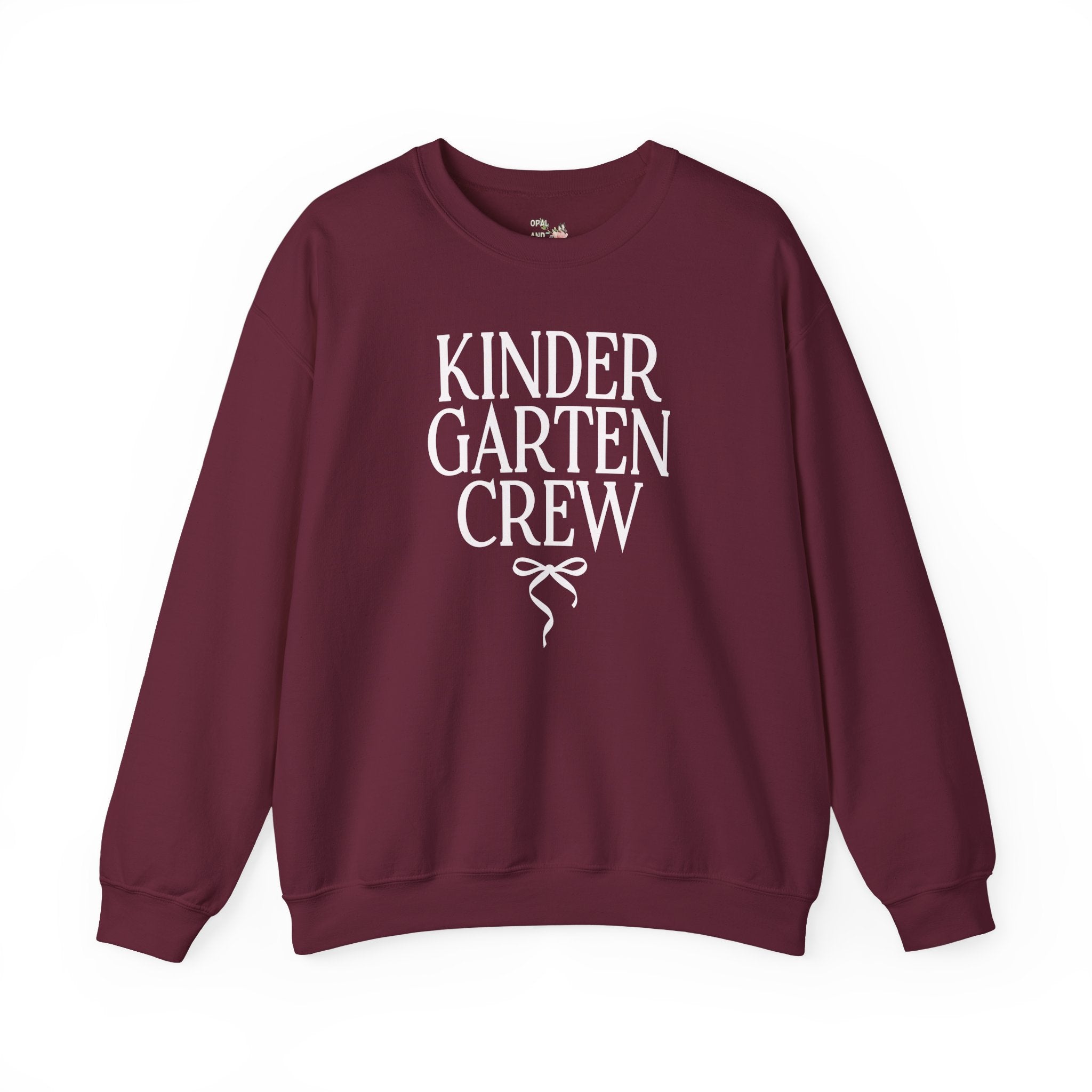 Kindergarten Crew Matching Teacher Sweatshirt with Messy Coquette Bow, Colorful Kindergarten Teacher Shirt, Back to School, Meet the Teacher - Opal and June