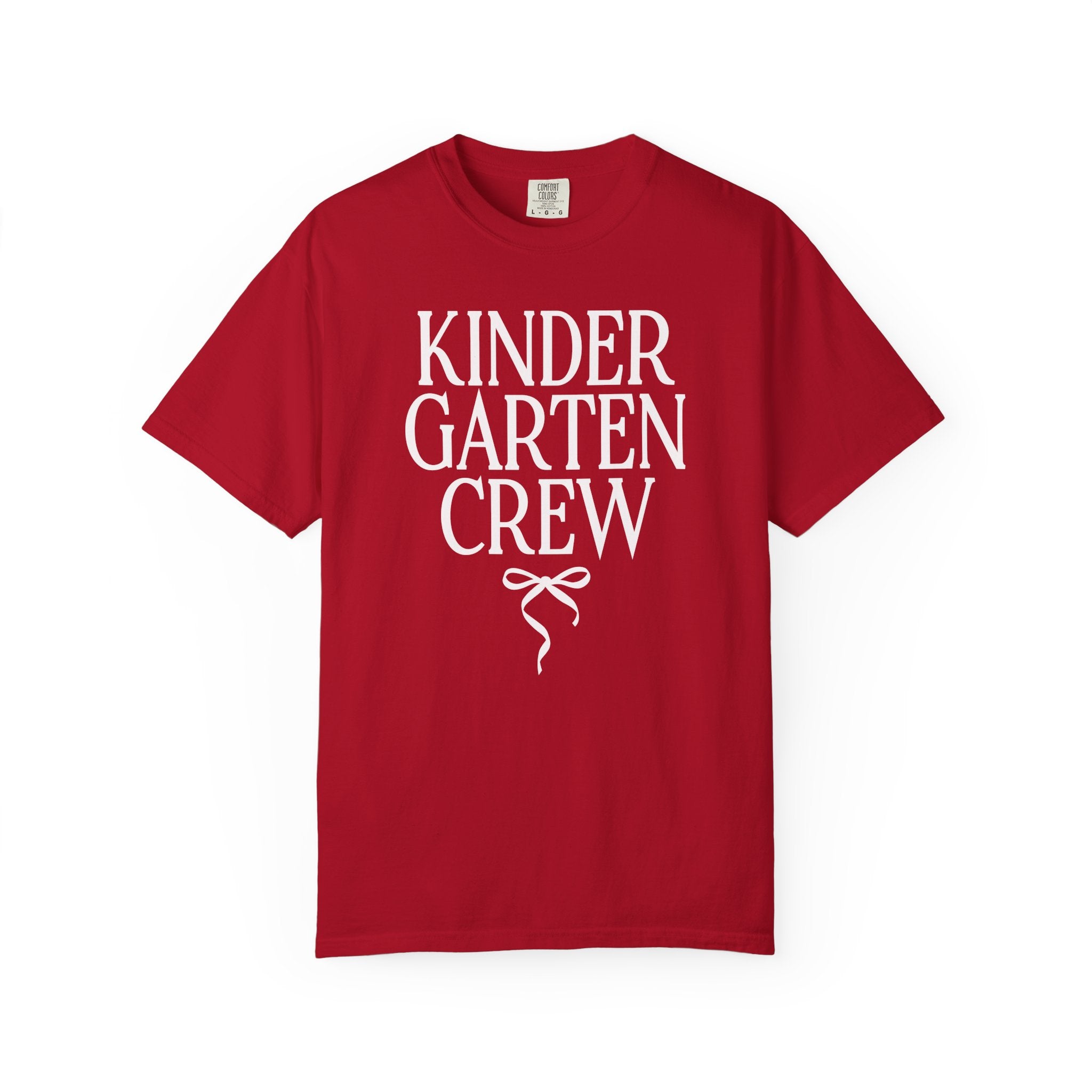 Kindergarten Crew Matching Teacher Tee Shirt with Messy Coquette Bow, Colorful Kindergarten Teacher Tee for Back to School, Meet the Teacher - Opal and June