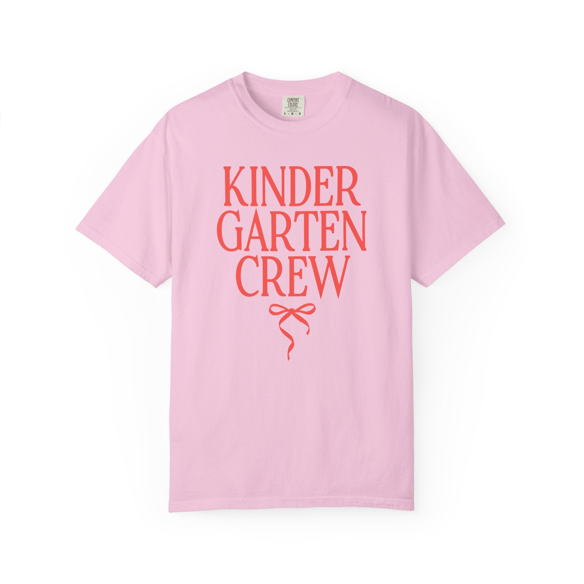 Kindergarten Crew Matching Teacher Tee Shirt with Messy Coquette Bow, Colorful Kindergarten Teacher Tee for Back to School, Meet the Teacher - Opal and June