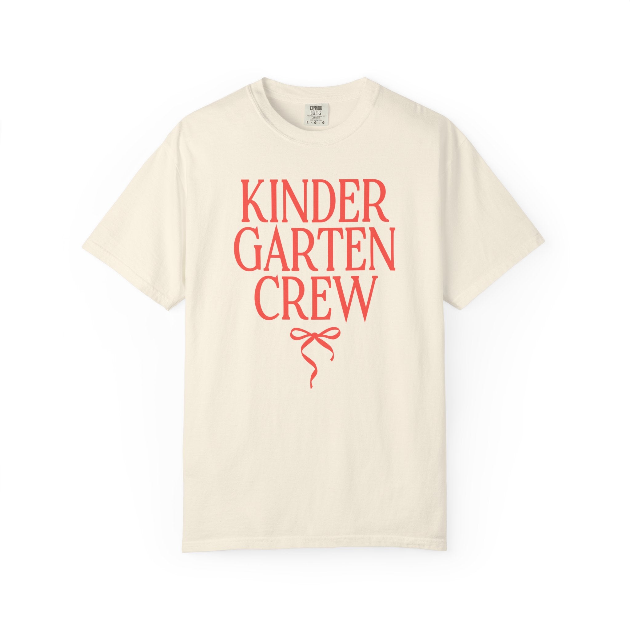 Kindergarten Crew Matching Teacher Tee Shirt with Messy Coquette Bow, Colorful Kindergarten Teacher Tee for Back to School, Meet the Teacher - Opal and June