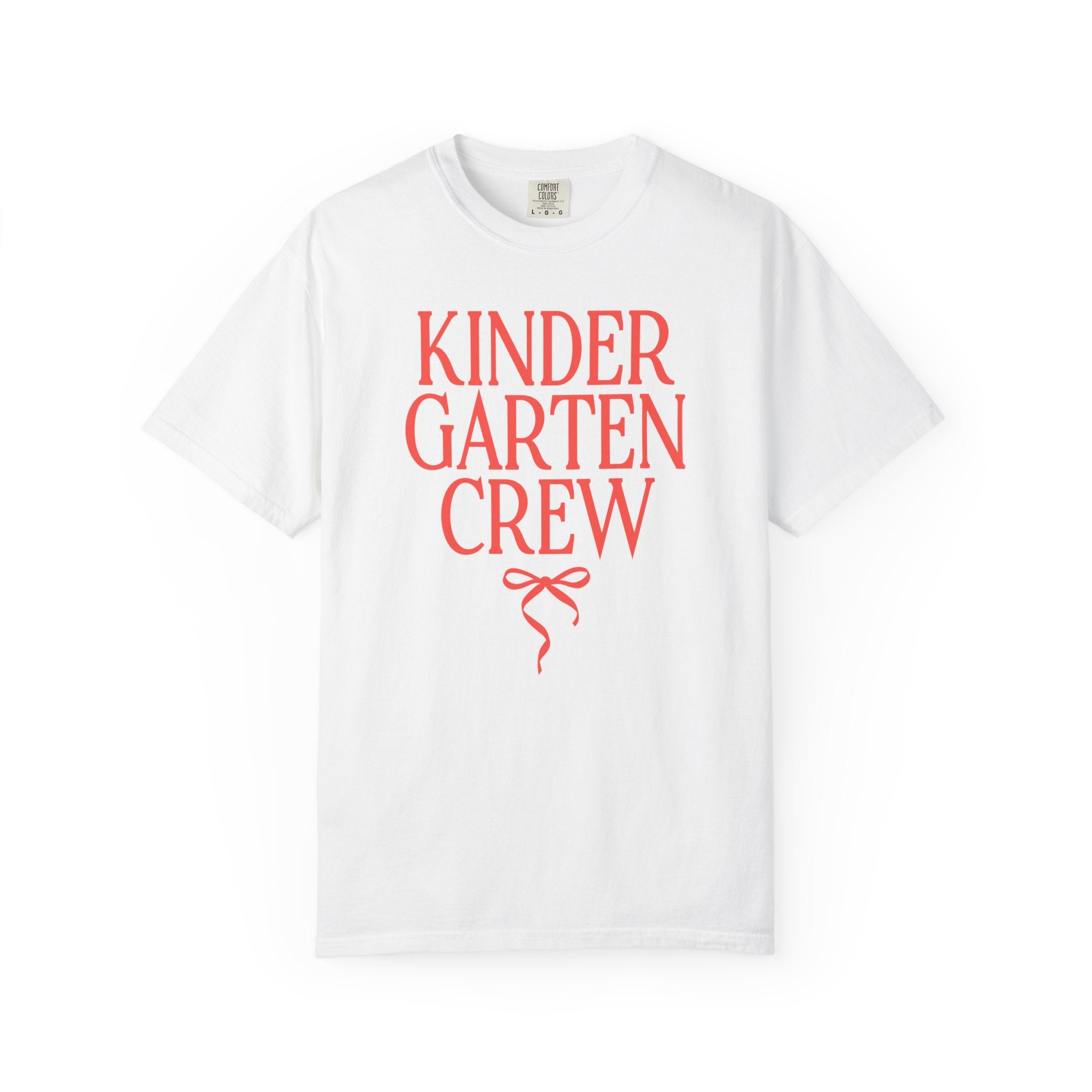 Kindergarten Crew Matching Teacher Tee Shirt with Messy Coquette Bow, Colorful Kindergarten Teacher Tee for Back to School, Meet the Teacher - Opal and June