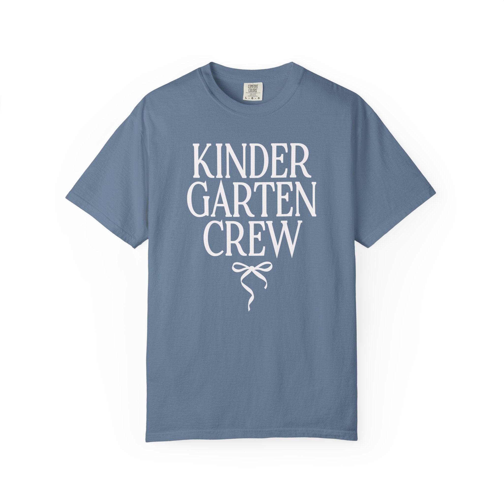Kindergarten Crew Matching Teacher Tee Shirt with Messy Coquette Bow, Colorful Kindergarten Teacher Tee for Back to School, Meet the Teacher - Opal and June
