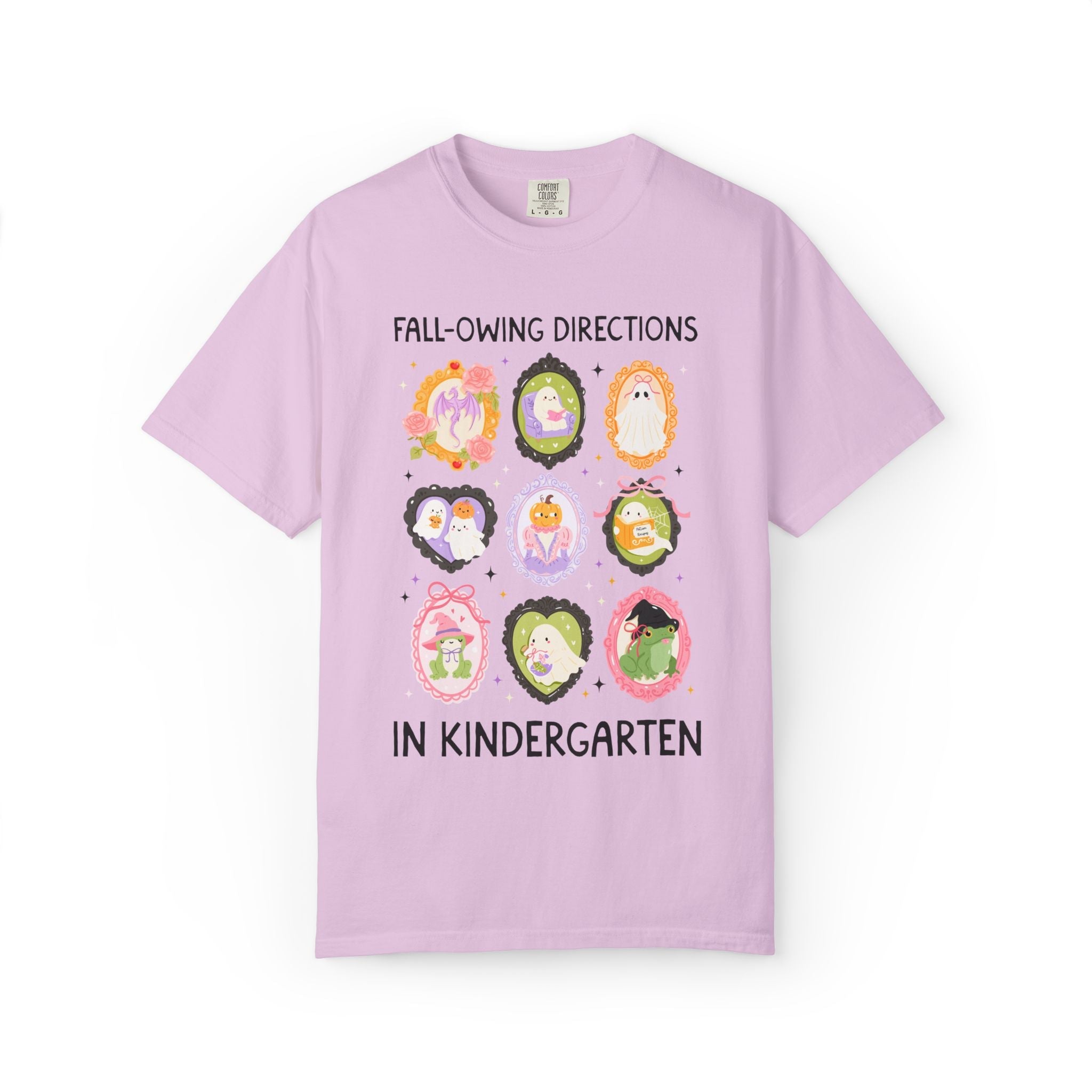 Kindergarten Halloween Teacher Tee: Fall-Owing Directions Pastel Goth Teacher Team T-Shirt for Fall, Cute Spooky Season Frog Tee with Ghosts - Opal and June