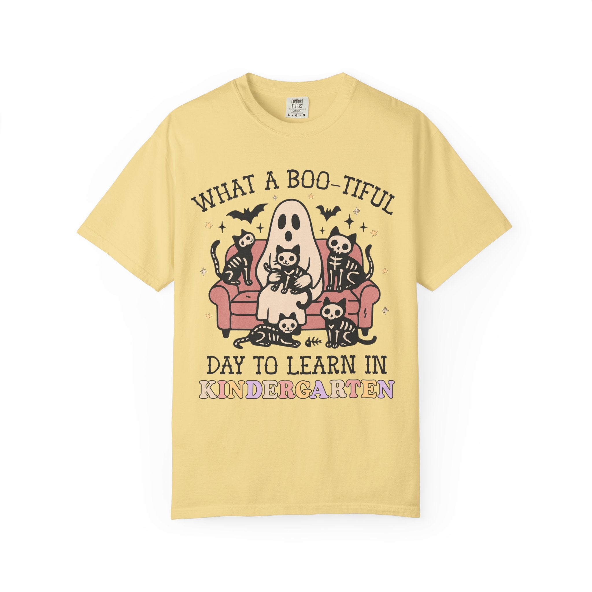 Kindergarten Halloween Teacher Tee Shirt with Cute Spooky Cats, Matching Teacher T-Shirt for Halloween, Nostalgic Halloween Funny Saying Tee - Opal and June