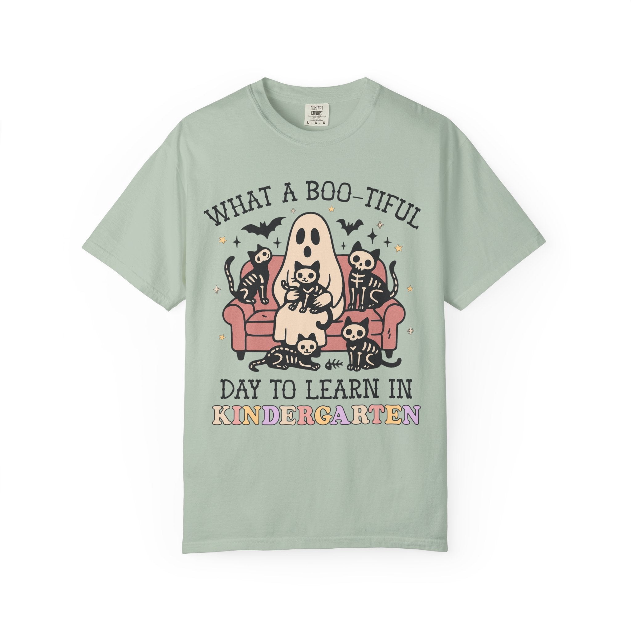 Kindergarten Halloween Teacher Tee Shirt with Cute Spooky Cats, Matching Teacher T-Shirt for Halloween, Nostalgic Halloween Funny Saying Tee - Opal and June