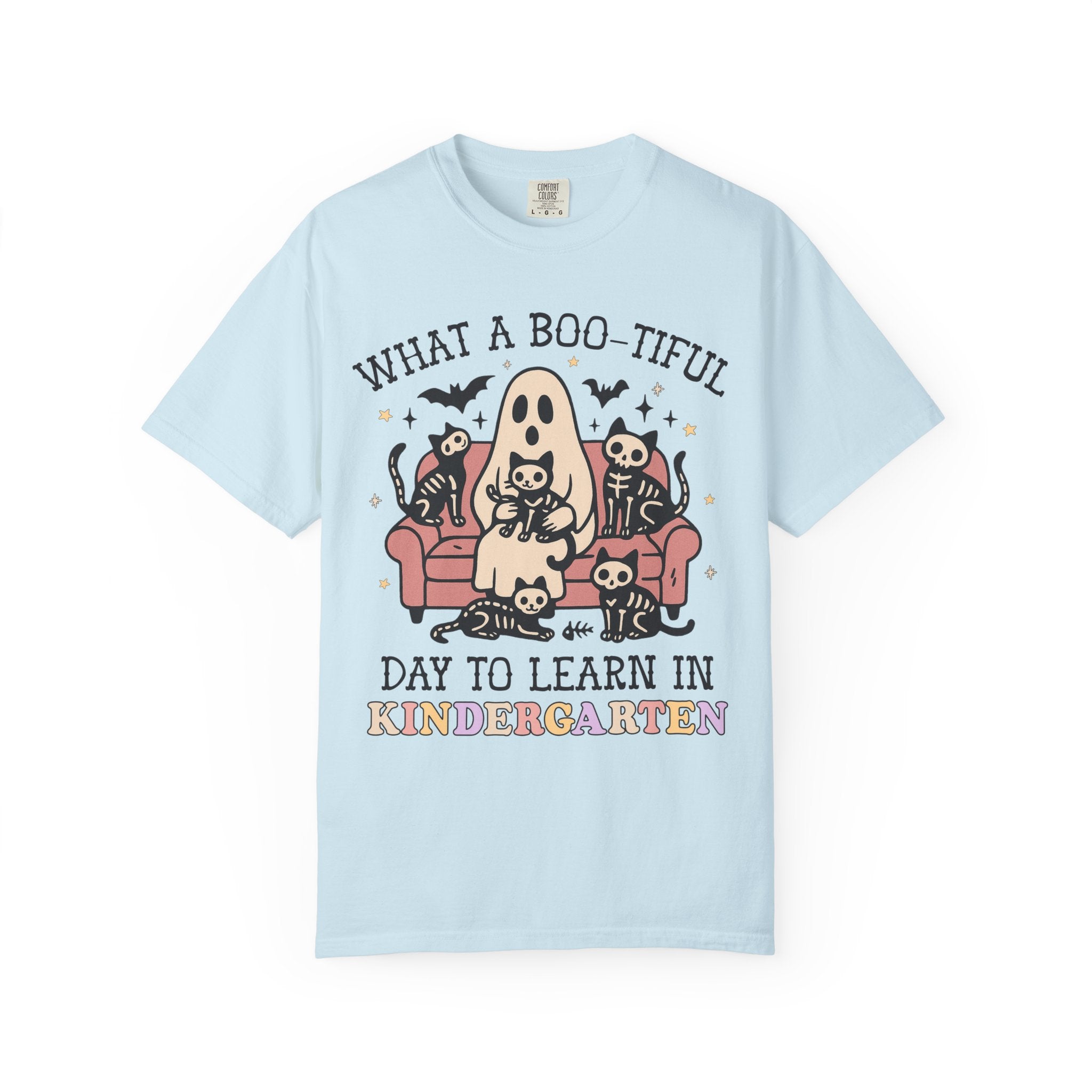 Kindergarten Halloween Teacher Tee Shirt with Cute Spooky Cats, Matching Teacher T-Shirt for Halloween, Nostalgic Halloween Funny Saying Tee - Opal and June