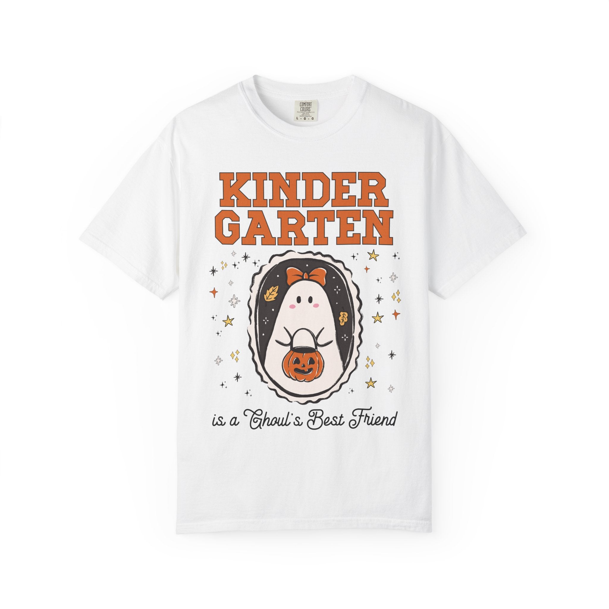 Kindergarten Halloween Teacher Tee Shirt with Stars, Cute Ghost Lover Tee for Fall, Matching Kindergarten Crew Halloween Tee, 90s Throwback - Opal and June