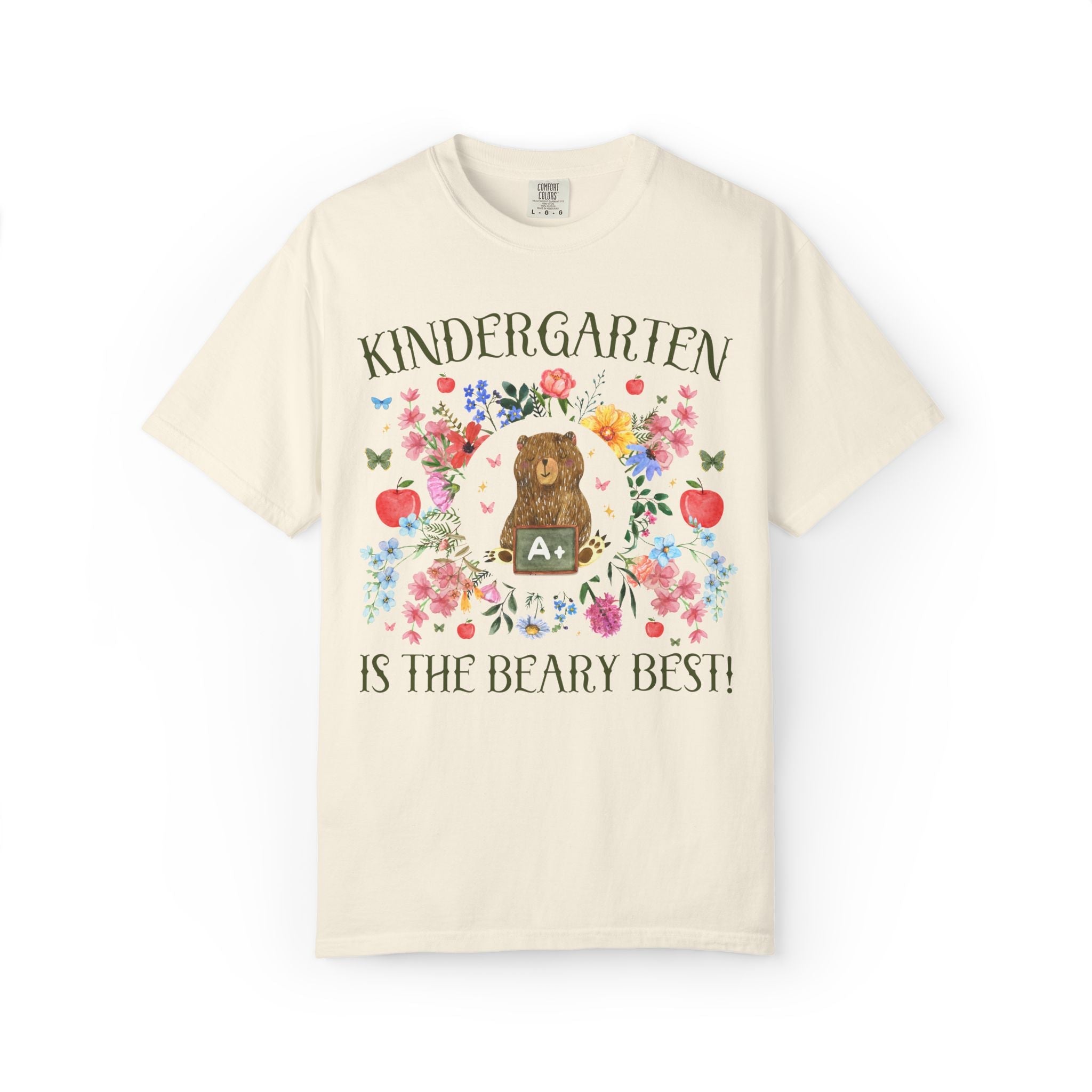 Kindergarten is The Beary Best Matching Teacher T-Shirt with Flowers and Cute Cottagecore Bear, Back to School Goblincore Tee - Opal and June