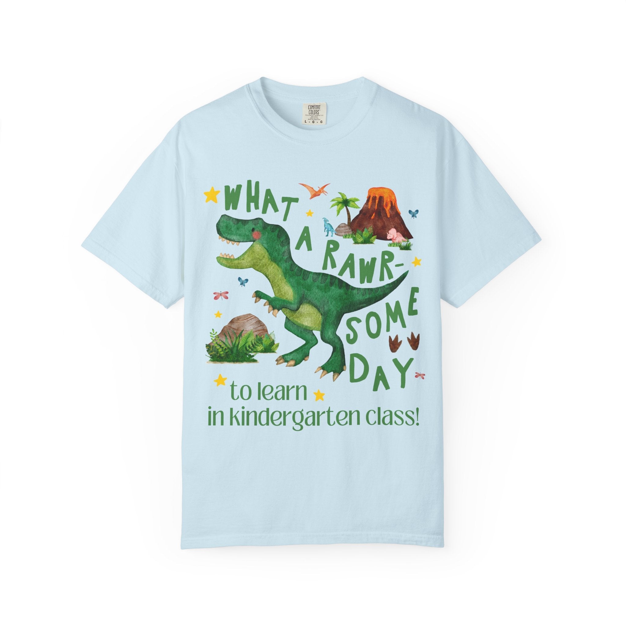 Kindergarten Teacher Dinosaur Lover Tee Shirt, Cute Matching Back to School Kindergarten Team or Crew T-Shirt with Stars, New Teacher Gift - Opal and June