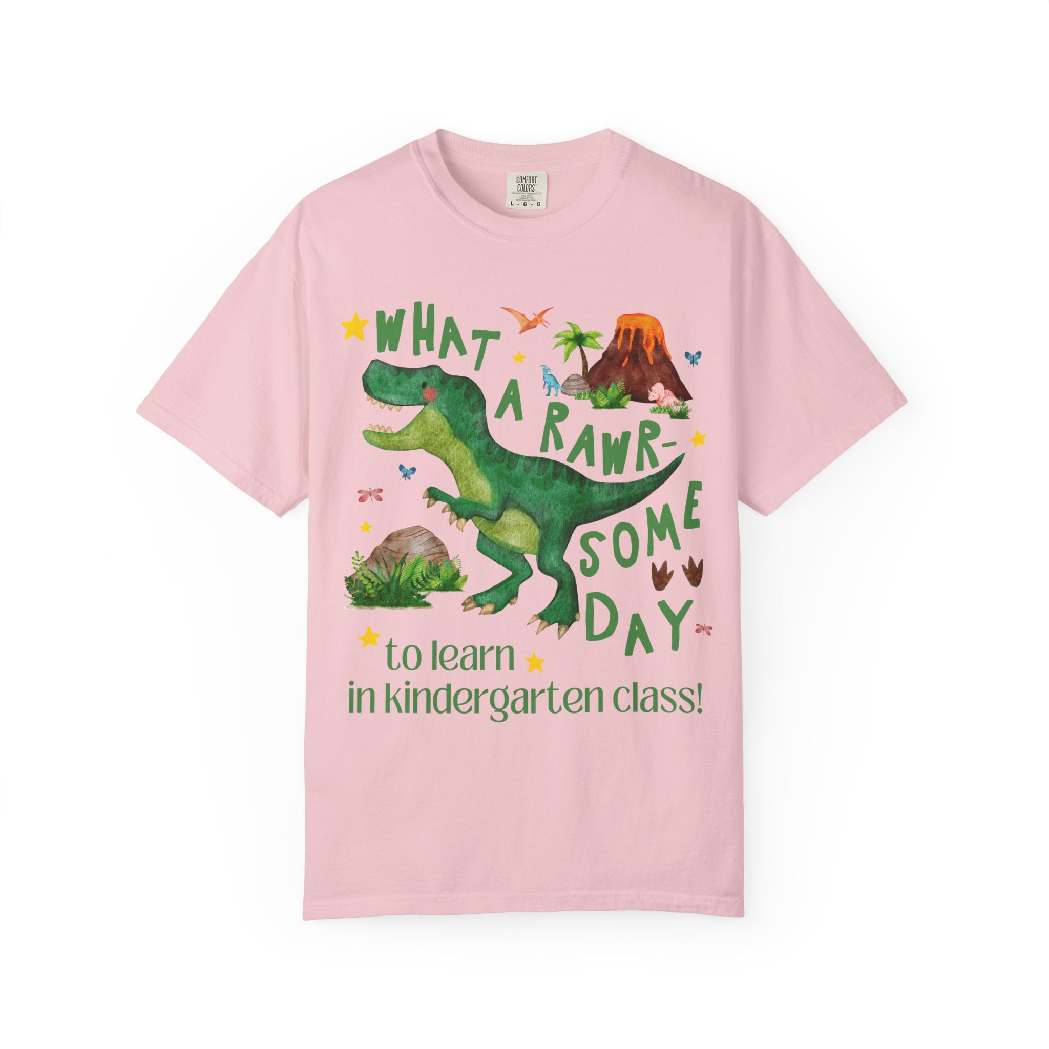 Kindergarten Teacher Dinosaur Lover Tee Shirt, Cute Matching Back to School Kindergarten Team or Crew T-Shirt with Stars, New Teacher Gift - Opal and June