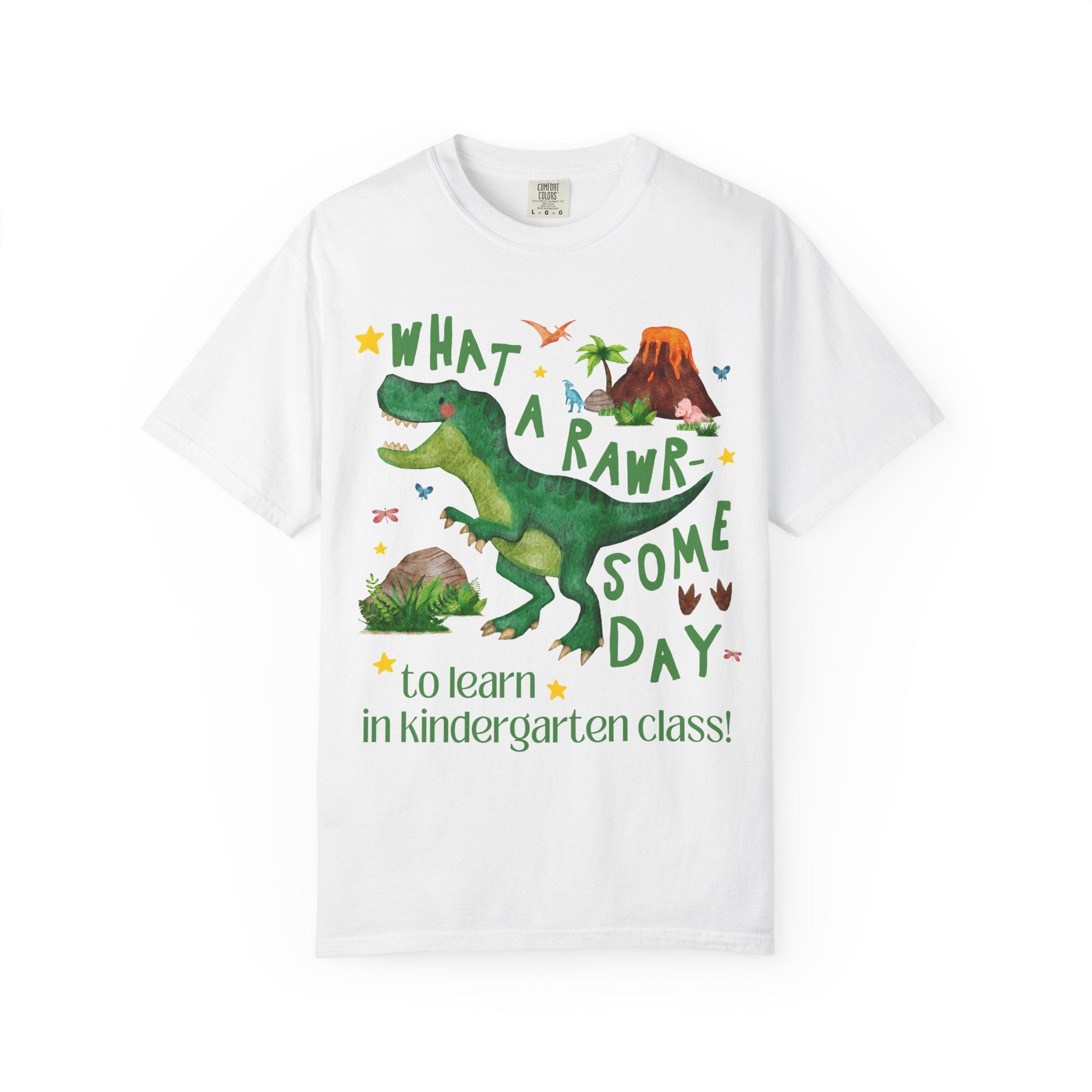 Kindergarten Teacher Dinosaur Lover Tee Shirt, Cute Matching Back to School Kindergarten Team or Crew T-Shirt with Stars, New Teacher Gift - Opal and June