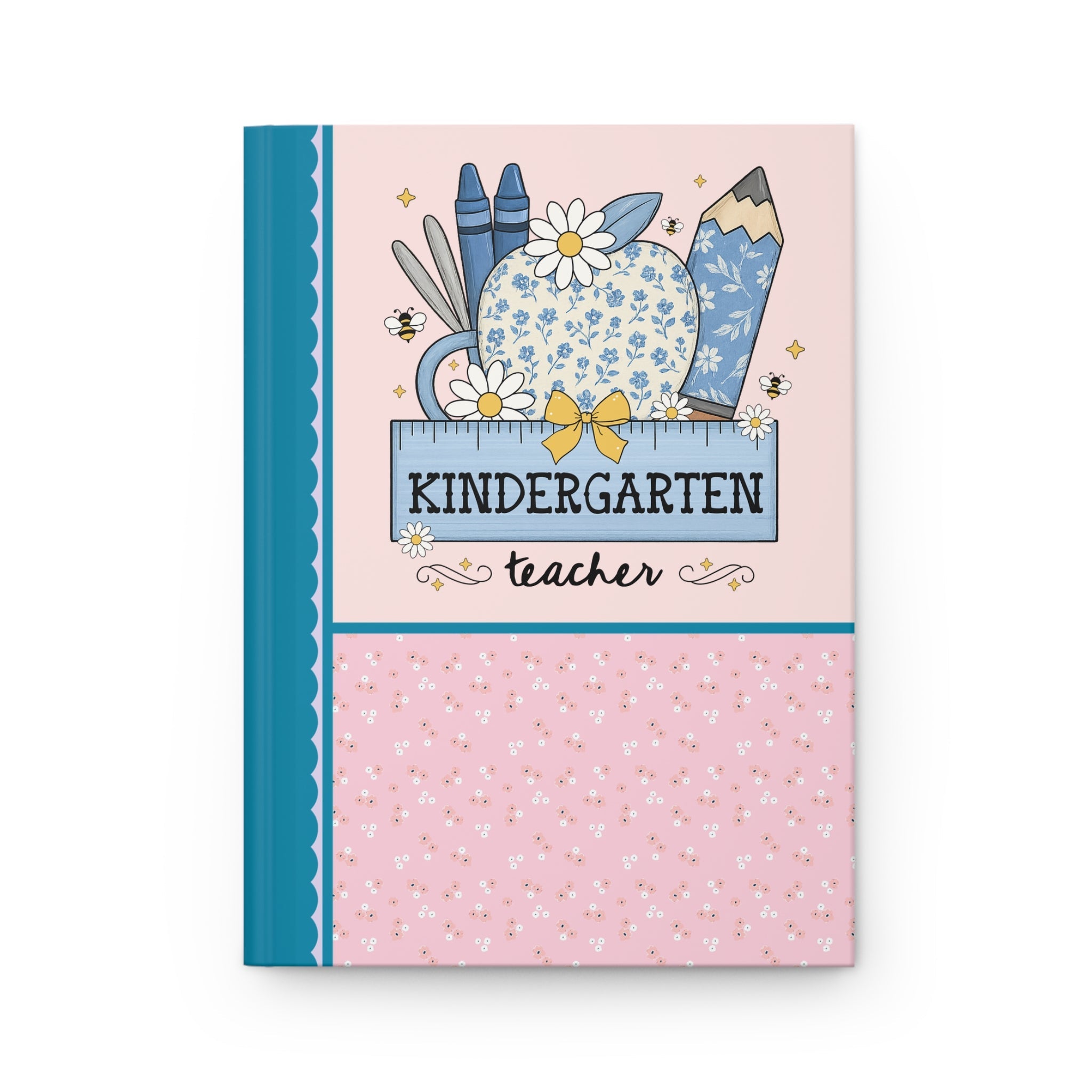 Kindergarten Teacher Flower Notebook with Floral Apple, Cute Cottagecore Gift with Bees, Soft Girl Style Kindergarten Back to School Journal - Opal and June