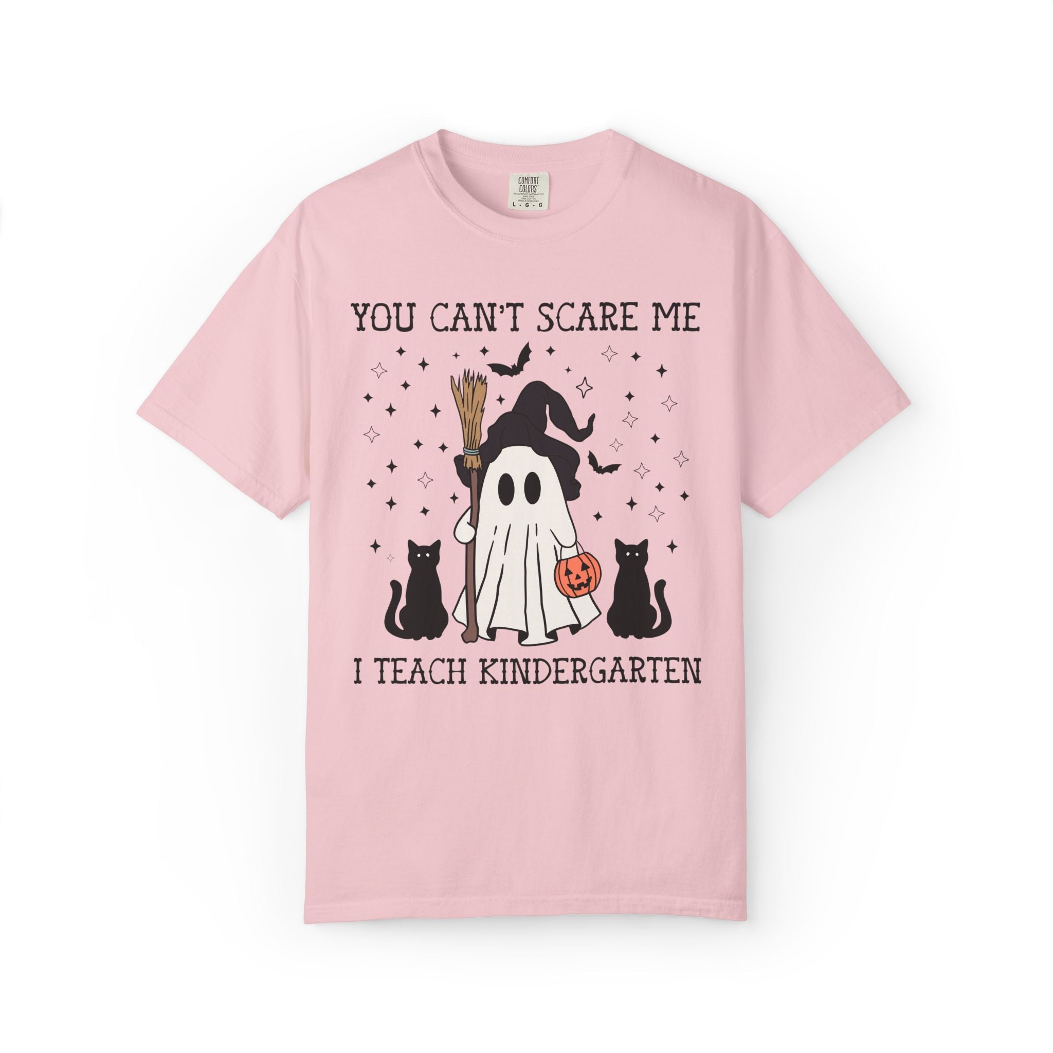 Kindergarten Teacher Halloween Tee Shirt with Witchy Ghost and Black Cats for Spooky Season: You Can't Scare Me, Kindergarten Team T-Shirt - Opal and June