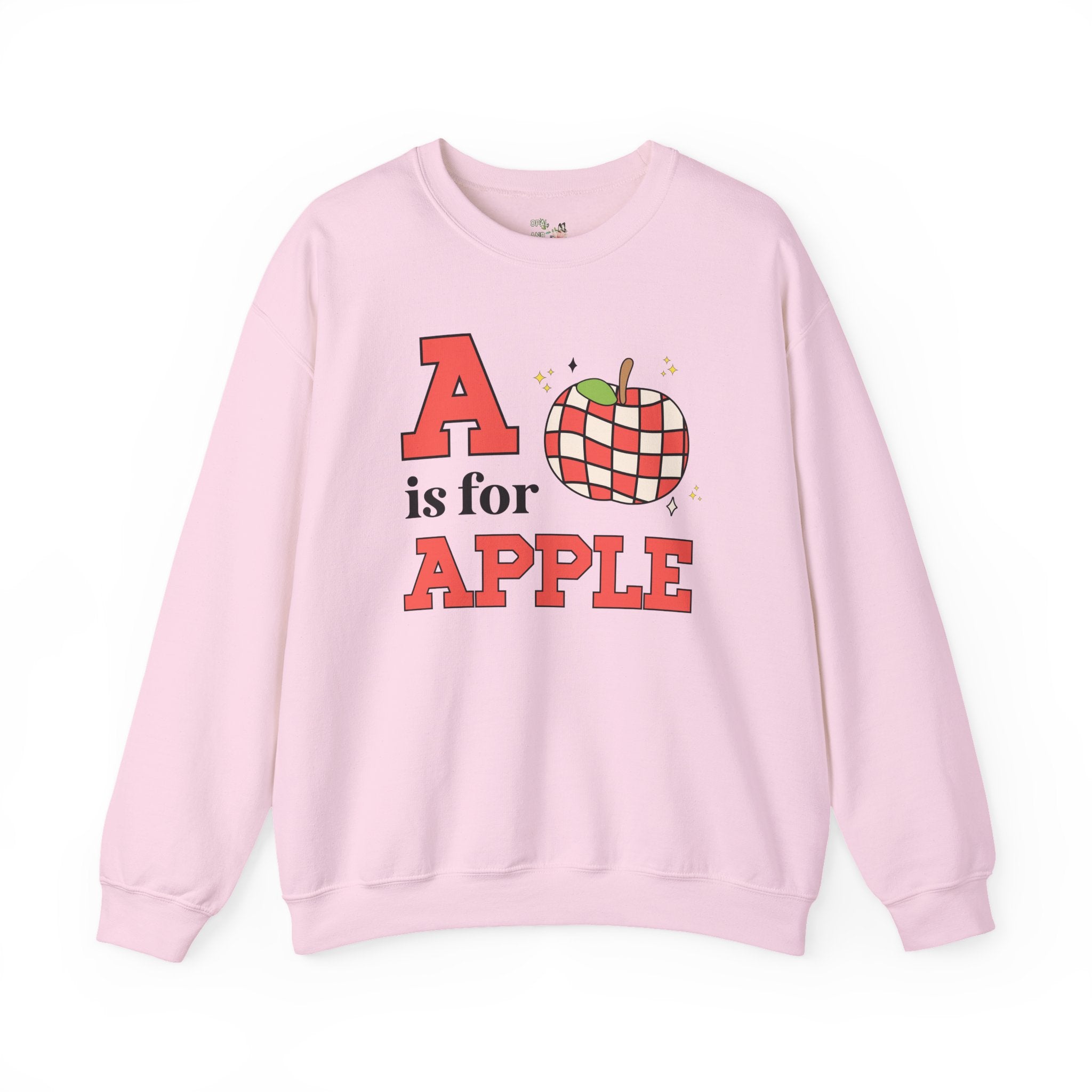 Kindergarten Teacher or Preschool Teacher Sweatshirt for Back to School, Learning the Alphabet A is for Apple, Matching Teacher Team Shirt - Opal and June
