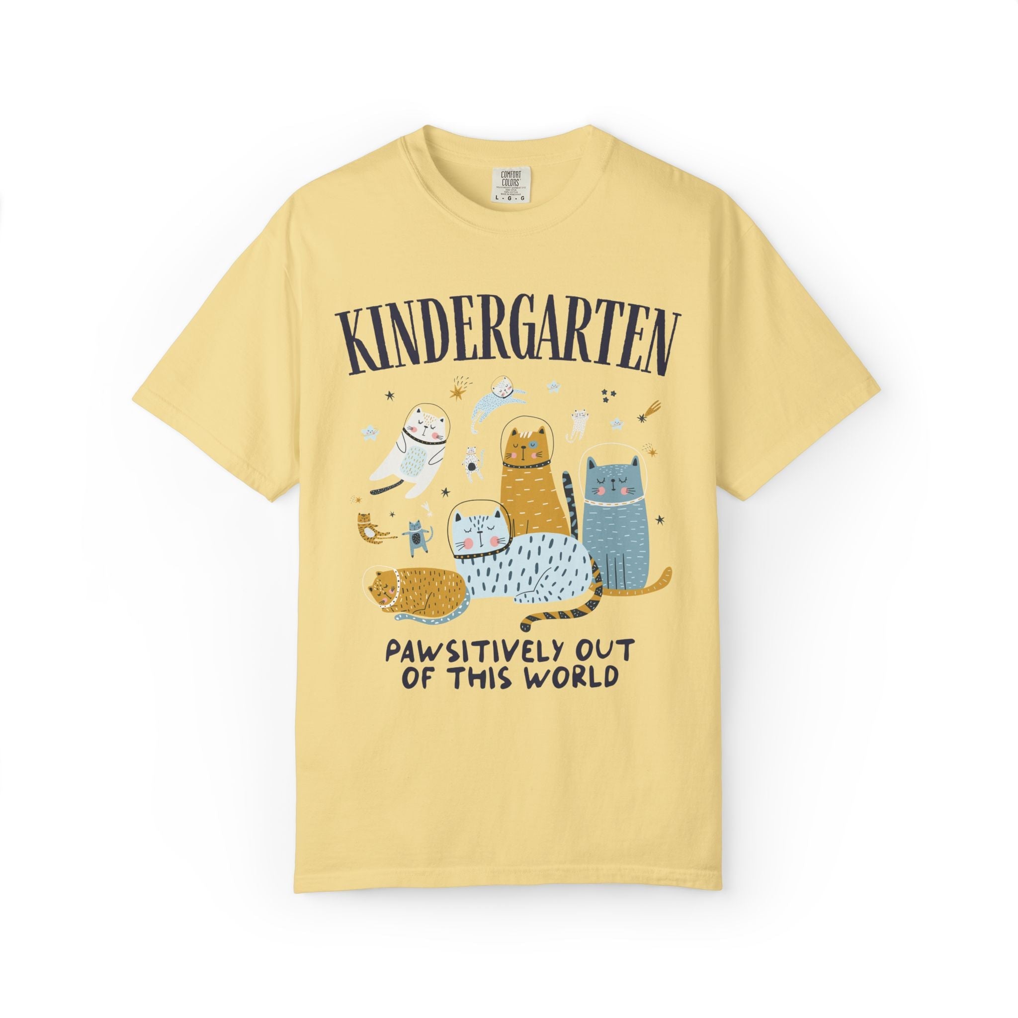 Kindergarten Teacher Space Cat Tee Shirt with Astronaut Kittens and Stars: Pawsitively Out of This World Teacher Team T-Shirt for Cat Lover - Opal and June
