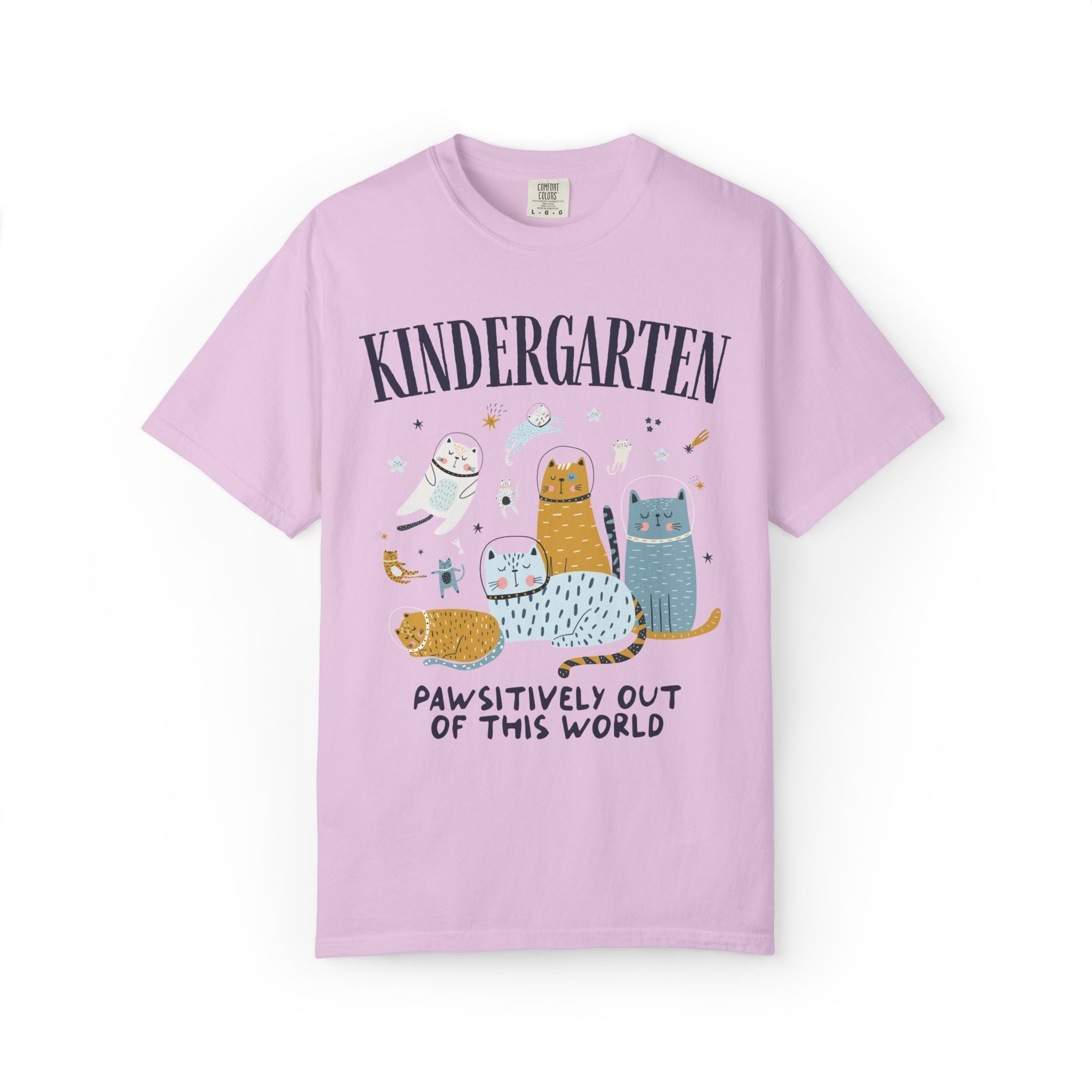 Kindergarten Teacher Space Cat Tee Shirt with Astronaut Kittens and Stars: Pawsitively Out of This World Teacher Team T-Shirt for Cat Lover - Opal and June