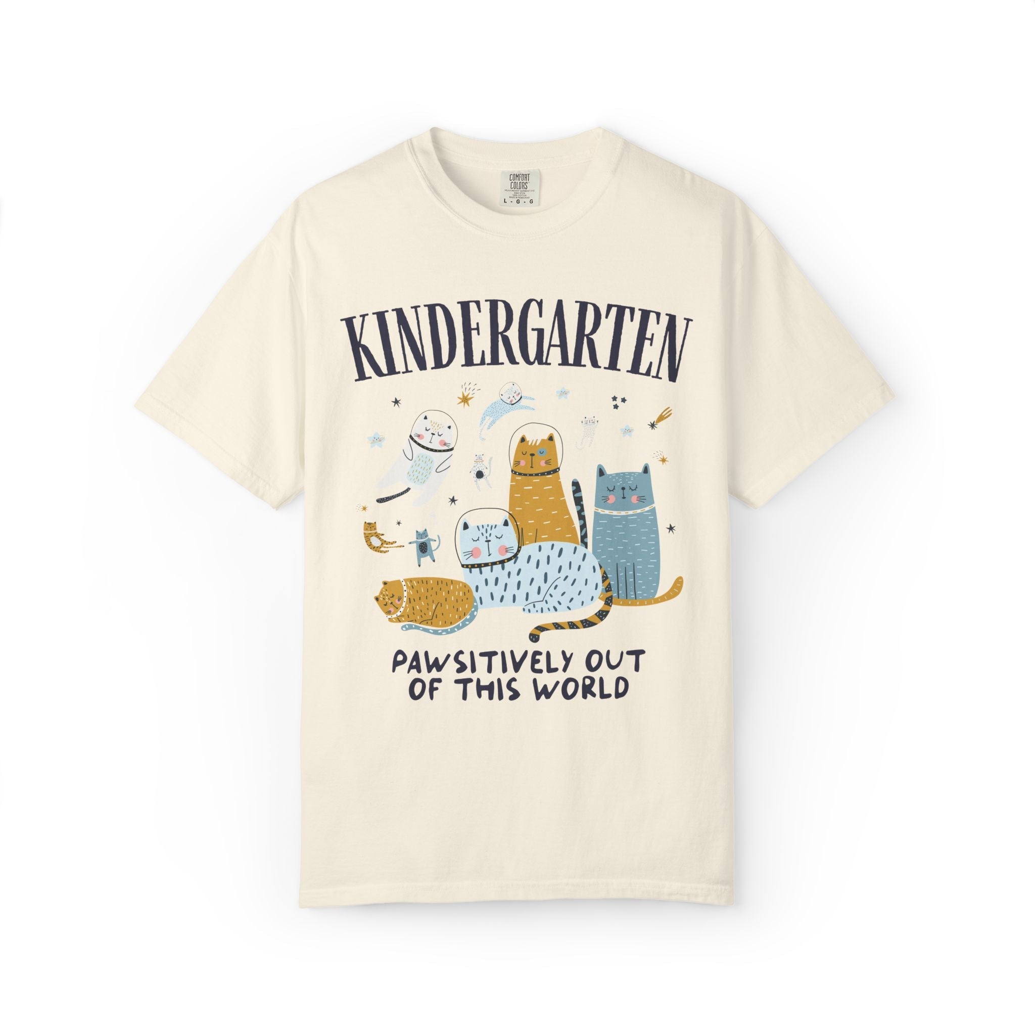 Kindergarten Teacher Space Cat Tee Shirt with Astronaut Kittens and Stars: Pawsitively Out of This World Teacher Team T-Shirt for Cat Lover - Opal and June