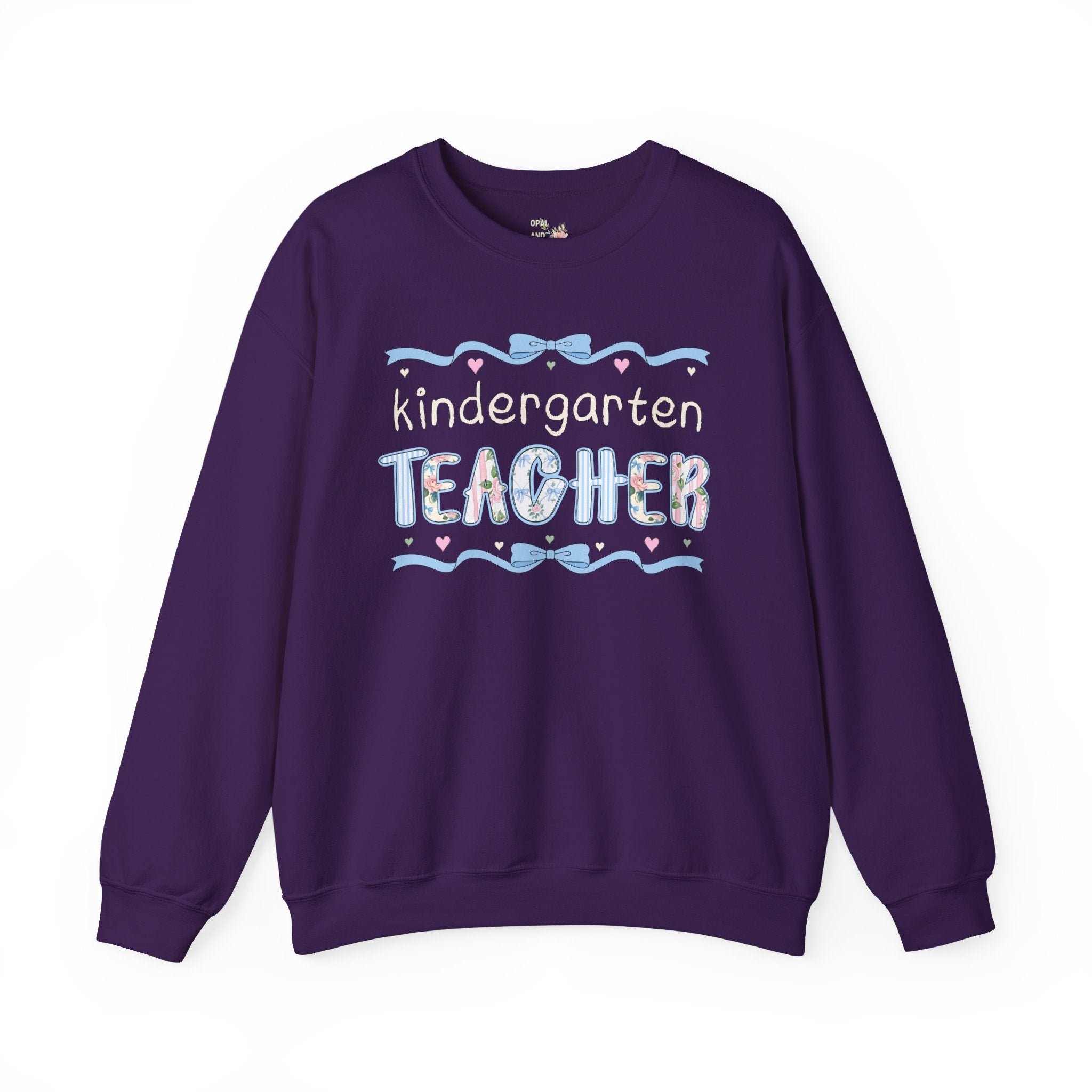 Kindergarten Teacher Sweatshirt, Back to School, Cute First Day of School Teacher Shirt with Bow, Boho 90s Aesthetic Teacher Team Crewneck - Opal and June