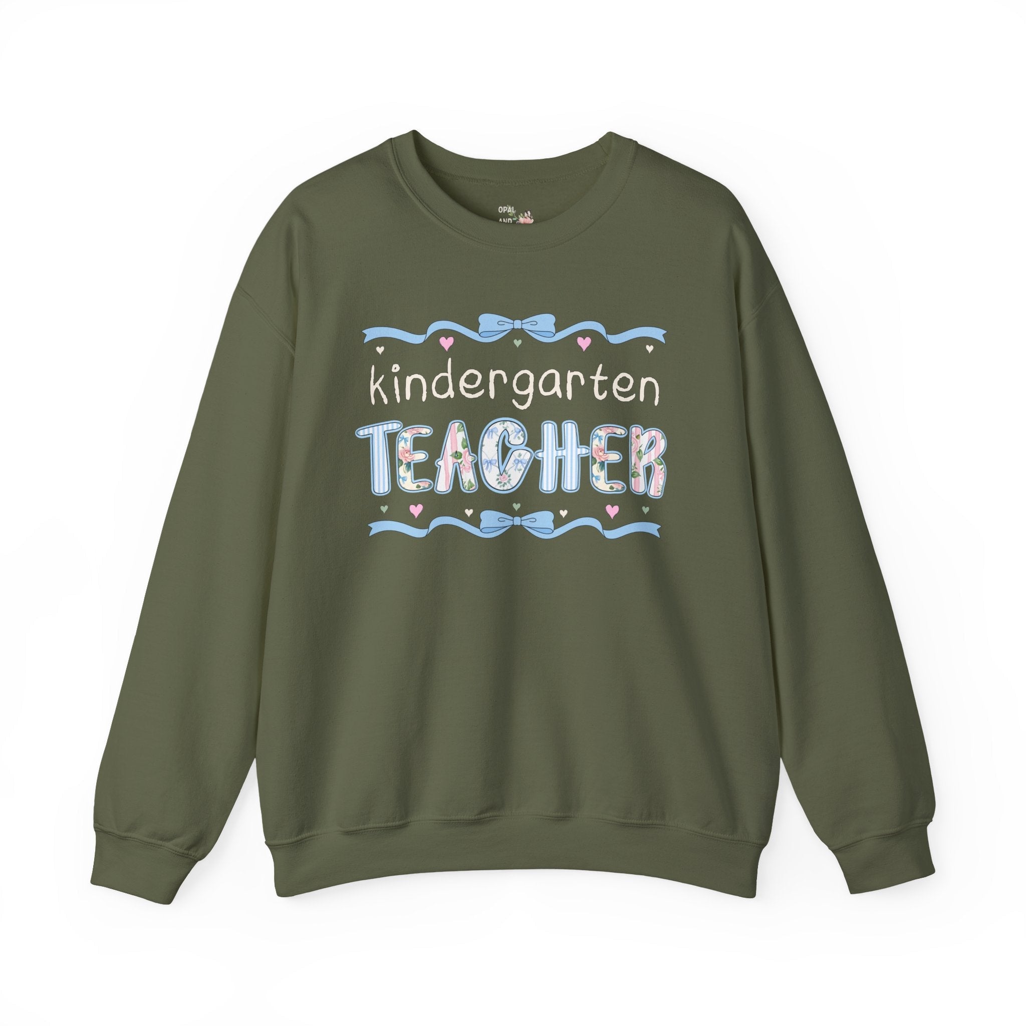 Kindergarten Teacher Sweatshirt, Back to School, Cute First Day of School Teacher Shirt with Bow, Boho 90s Aesthetic Teacher Team Crewneck - Opal and June
