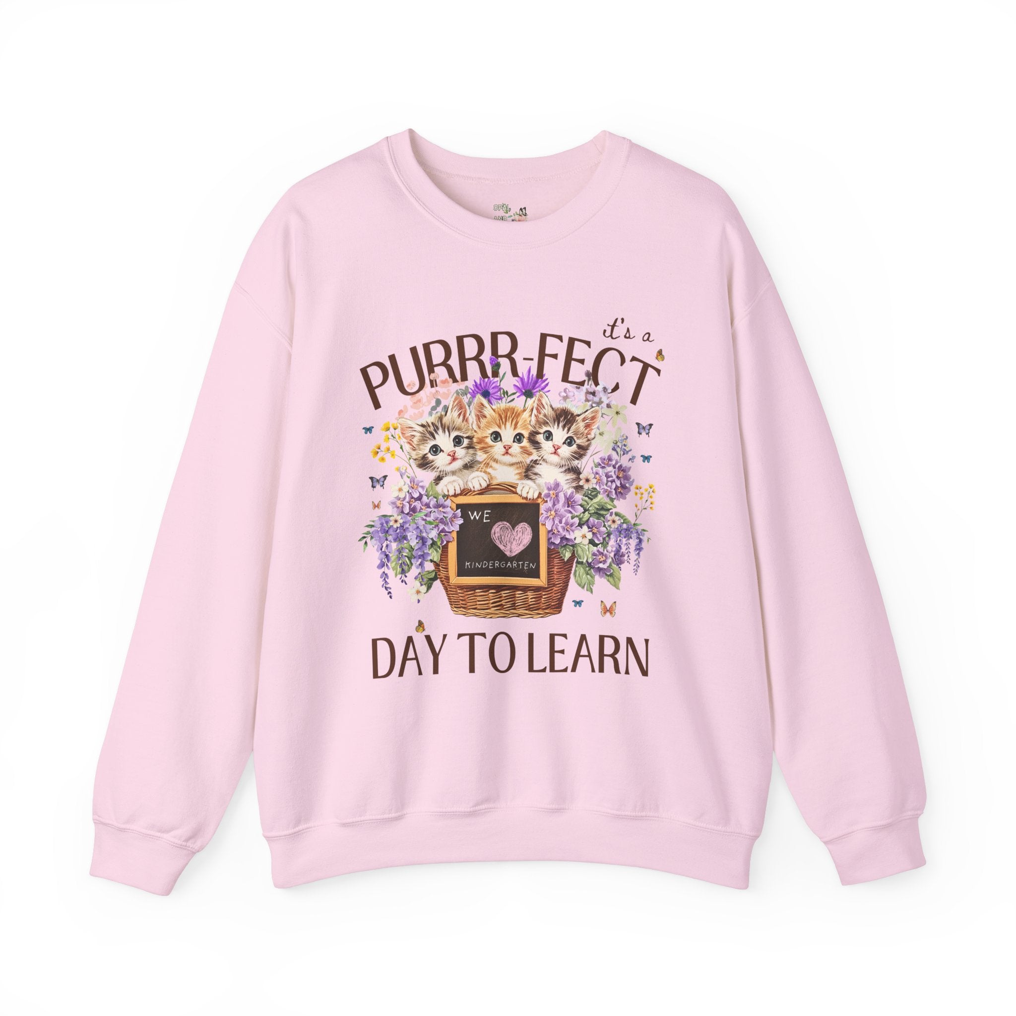 Kindergarten Teacher Sweatshirt for Kindergarten Crew Who Loves Cats: Purrr - fect Day to Learn, 90s Throwback Colorful Maximalist Animal Gift - Opal and June