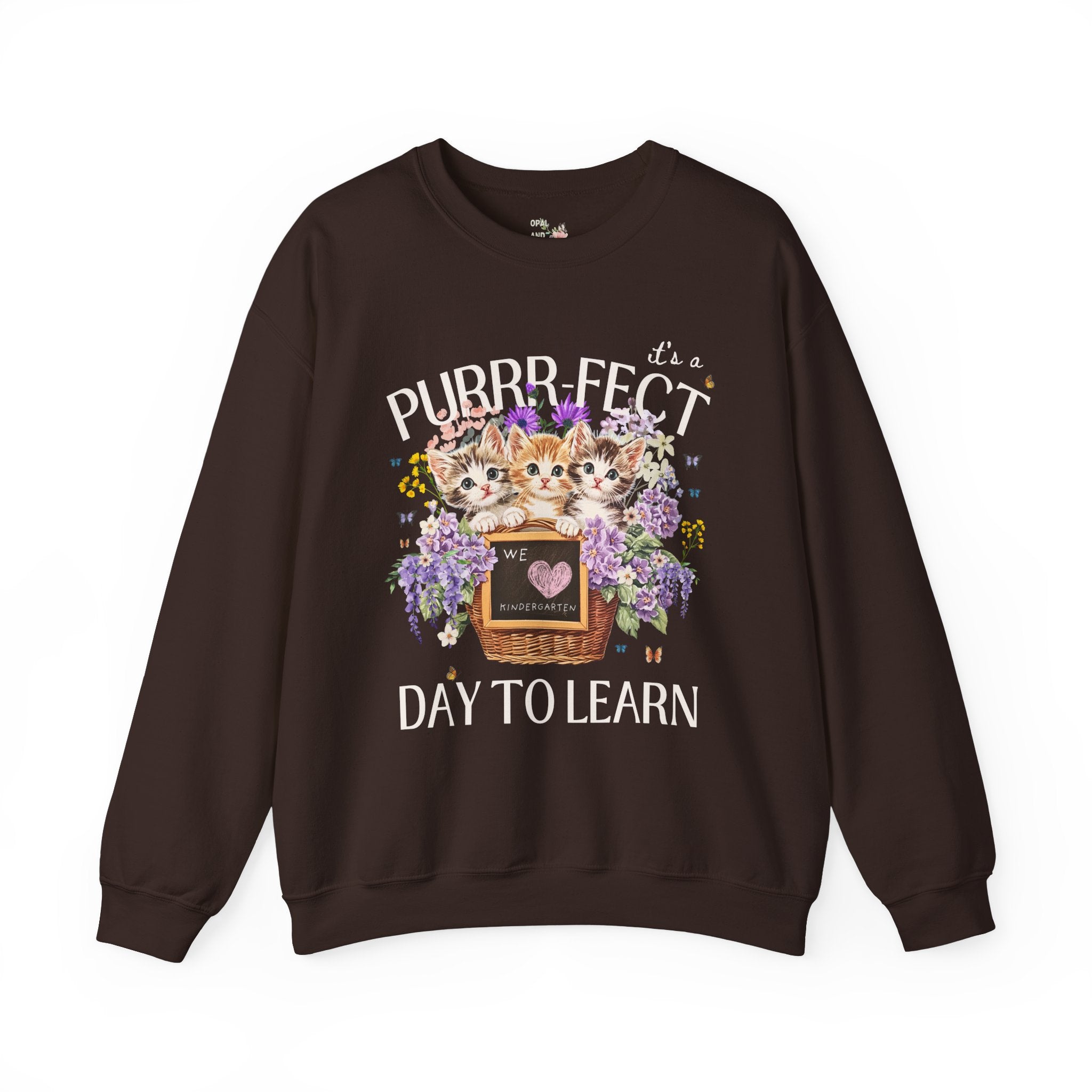 Kindergarten Teacher Sweatshirt for Kindergarten Crew Who Loves Cats: Purrr - fect Day to Learn, 90s Throwback Colorful Maximalist Animal Gift - Opal and June