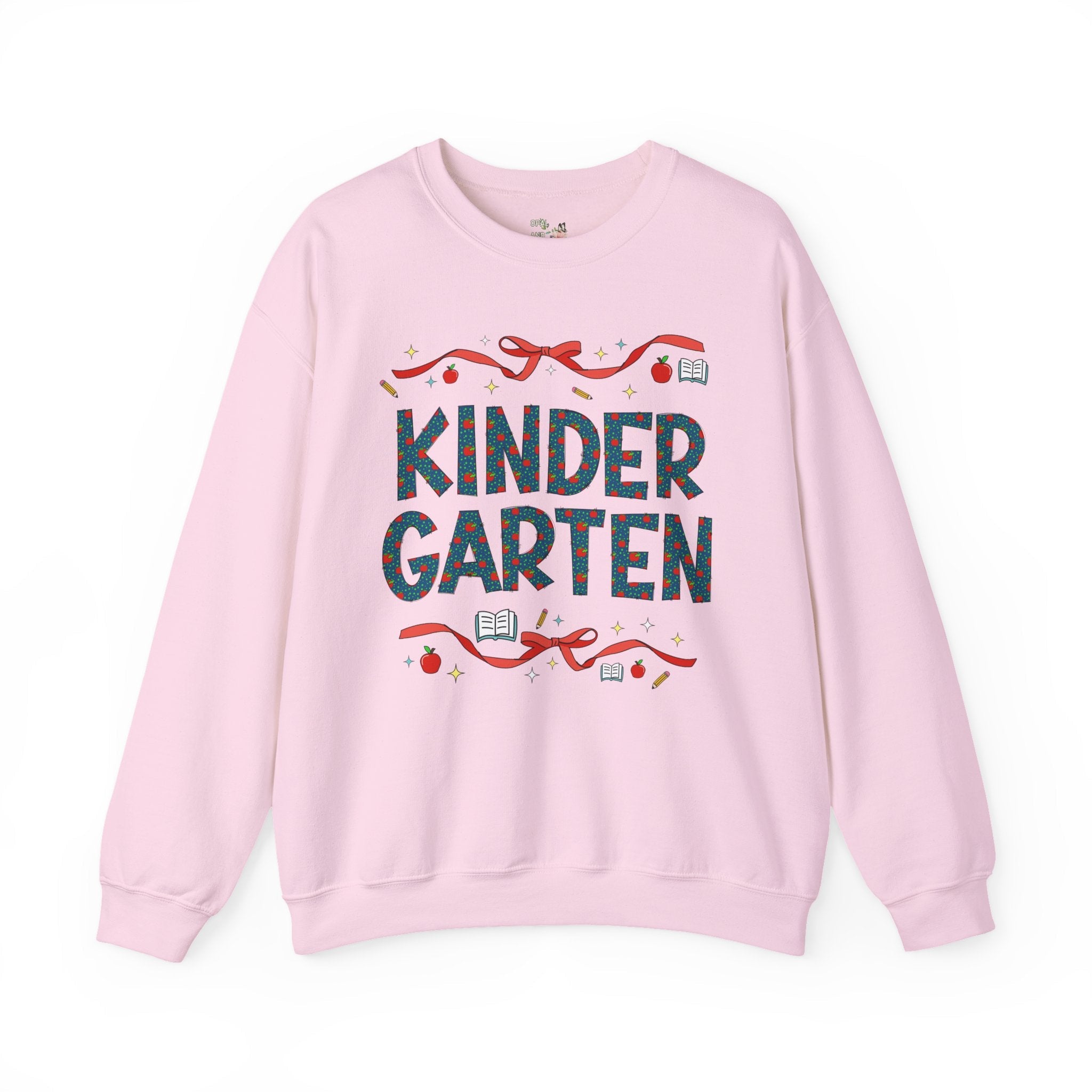 Kindergarten Teacher Sweatshirt with Cute Bows and Retro Apples, Teacher Team Crewneck for Back to School, First Day of School Matching Tee - Opal and June